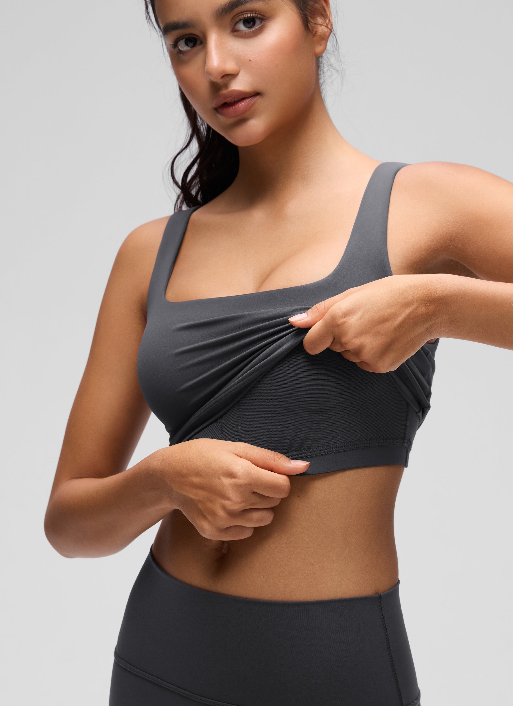 CRZ YOGA Yoga Wanita Impak Rendah Butterluxe Bra Garis Panjang Leher Segi Empat Kelabu Misterius