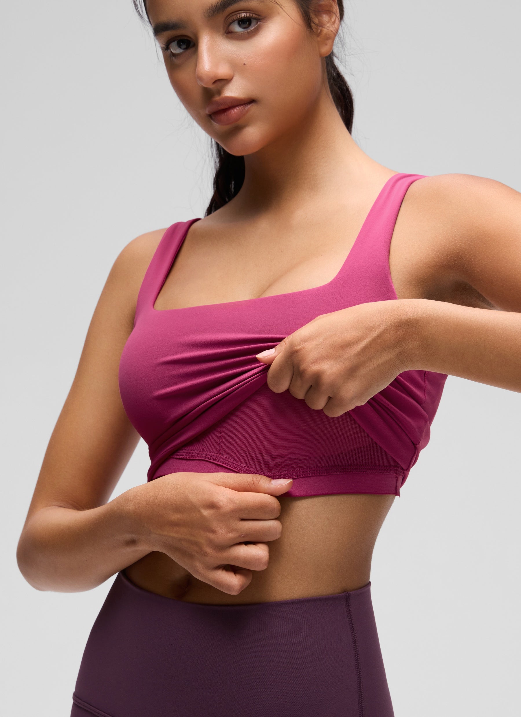 CRZ YOGA Yoga Wanita Impak Rendah Butterluxe Bra Garis Panjang Leher Segi Empat Warna Ungu Muda Dibasuh