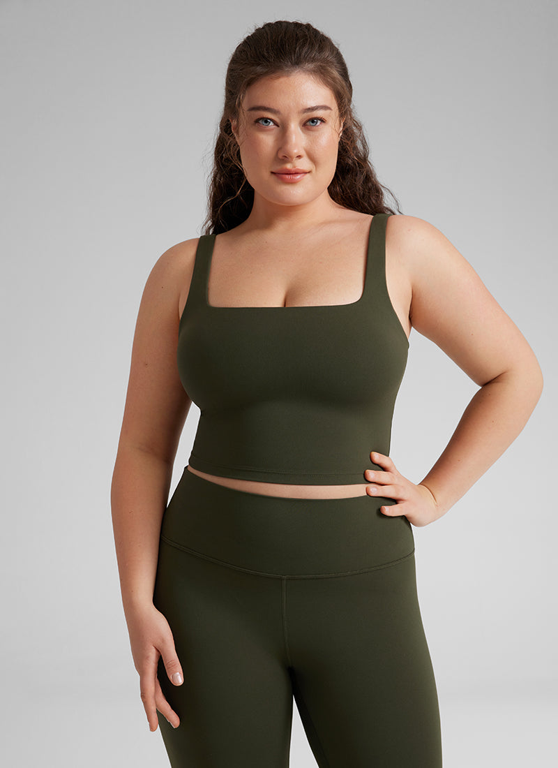 CRZ YOGA Yoga Wanita Impak Rendah Butterluxe Bra Garis Panjang Leher Segi Empat Hijau Zaitun