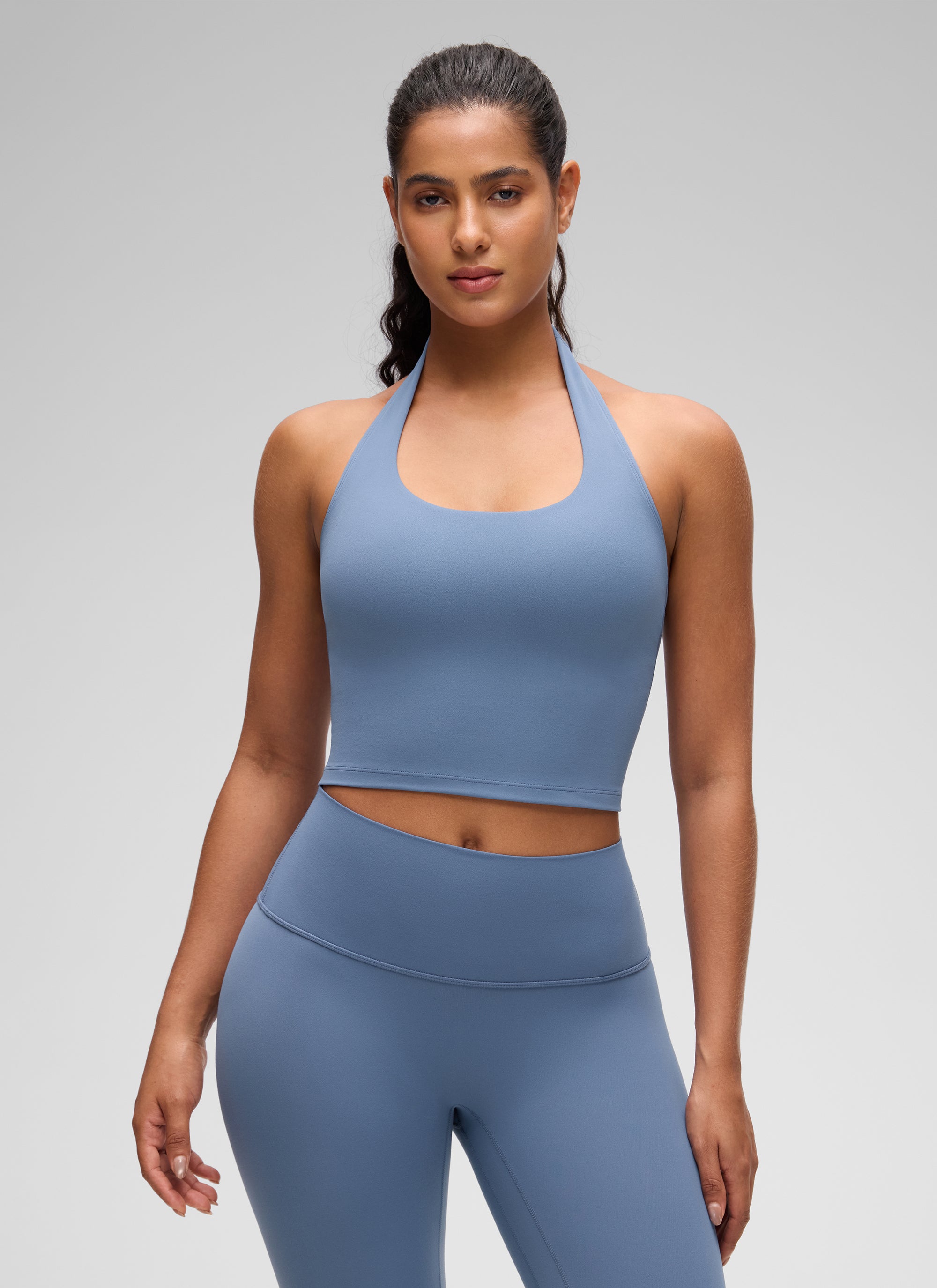 CRZ YOGA Wanita Butterluxe Bra Sukan Halter Longline Crop Tank Top Denim Dibasuh