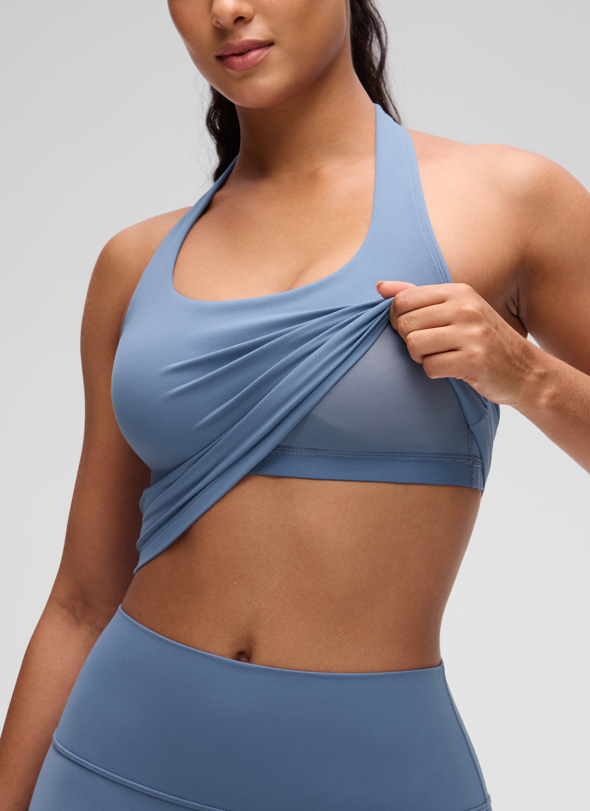 CRZ YOGA Wanita Butterluxe Bra Sukan Halter Longline Crop Tank Top Denim Dibasuh