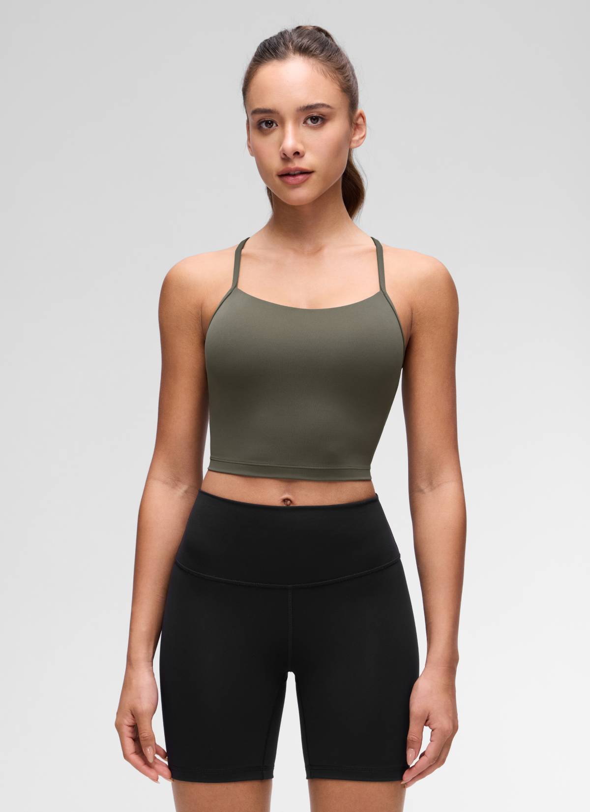 CRZ YOGA Wanita Butterluxe Bra Sukan Garis Panjang Belakang Y Tank Top Potongan Hijau Tentera Muda