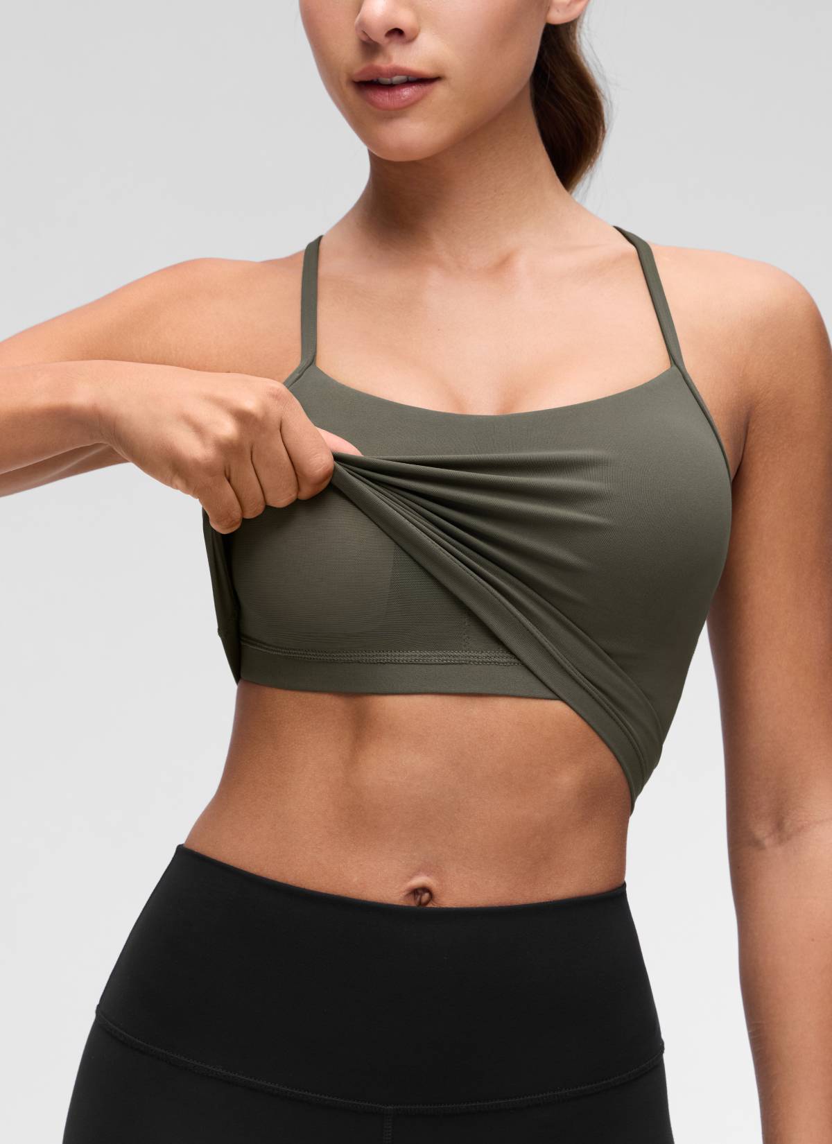 CRZ YOGA Wanita Butterluxe Bra Sukan Garis Panjang Belakang Y Tank Top Potongan Hijau Tentera Muda