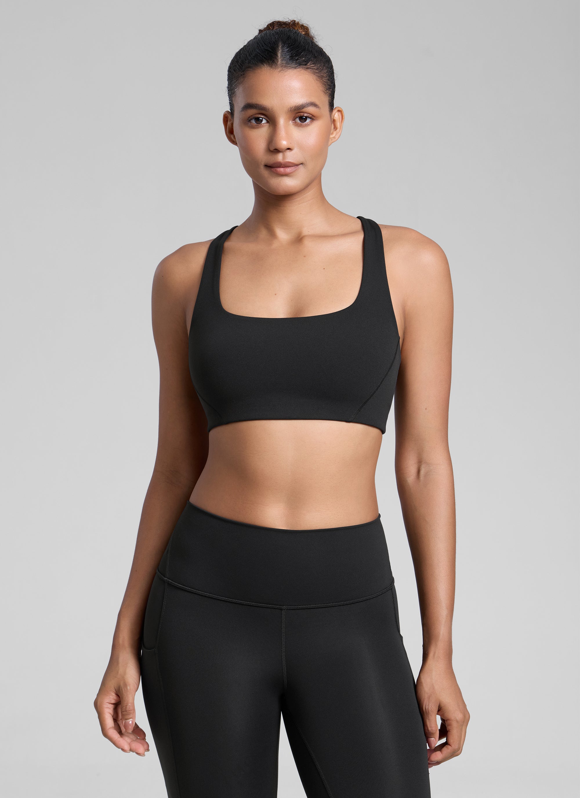 CRZ YOGA Wanita Butterlift Bra Sukan Yoga Leher Segi Empat Berlapis Berganda Hitam
