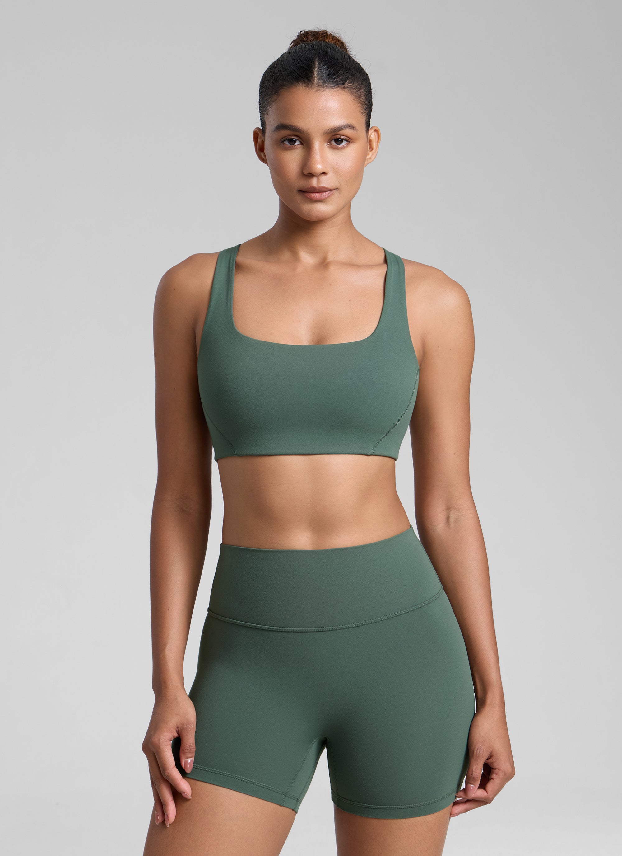 CRZ YOGA Wanita Butterlift Bra Sukan Yoga Leher Segi Empat Berlapis Dua Hijau Hutan Gelap
