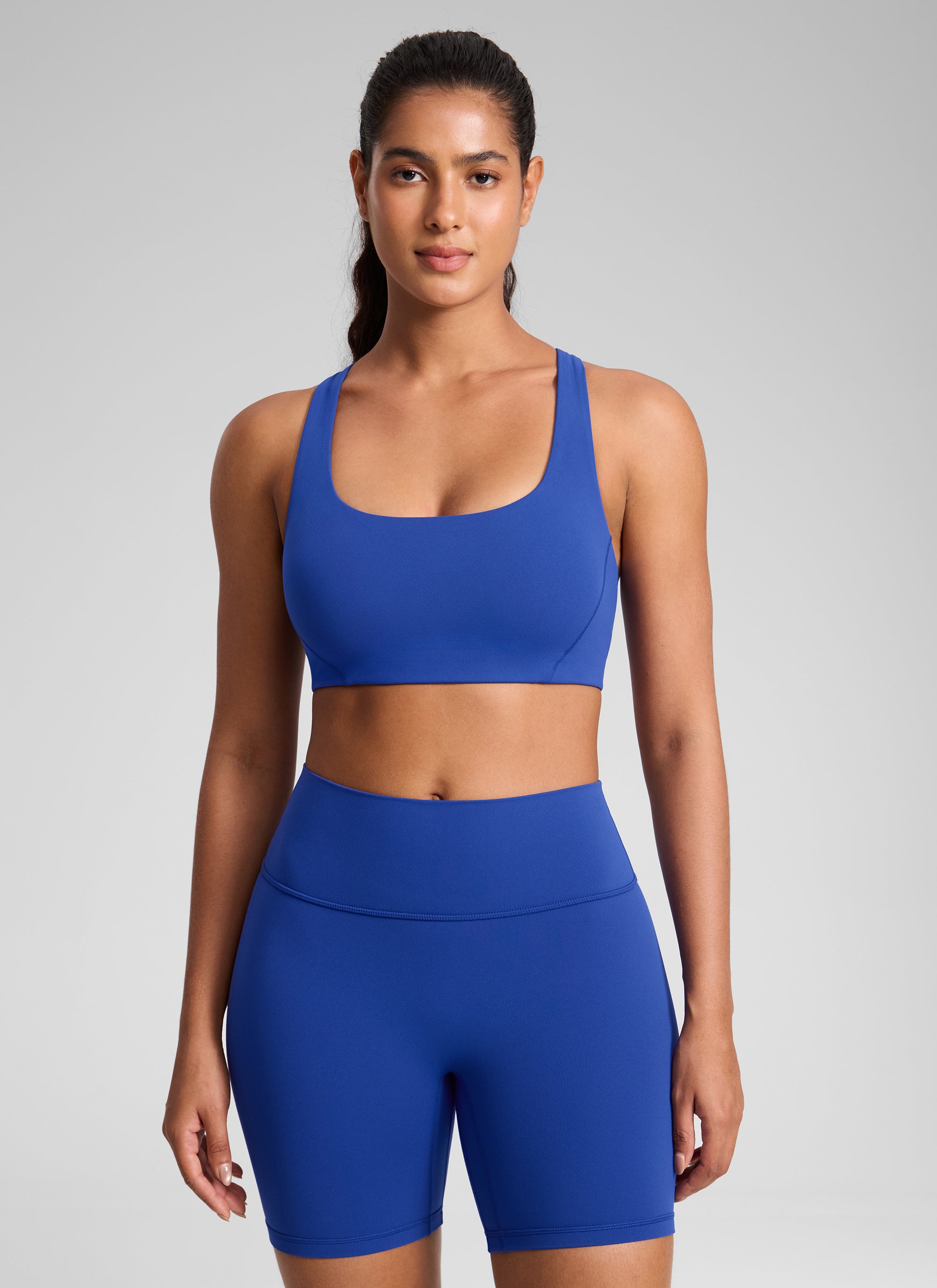 CRZ YOGA Wanita Butterlift Bra Sukan Yoga Leher Segi Empat Berlapis Dua Biru Gelombang