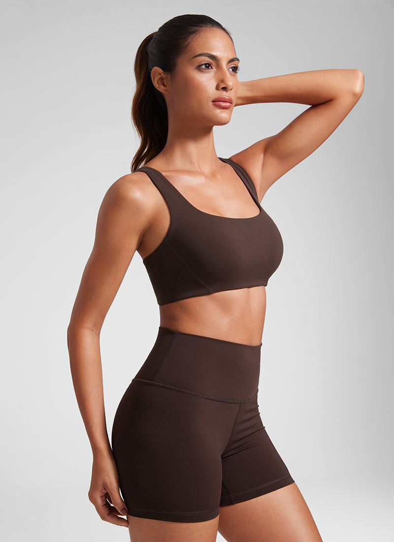 CRZ YOGA Wanita Butterlift Bra Sukan Yoga Leher Segi Empat Berlapis Dua Coklat Fudge Panas