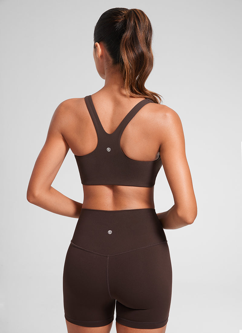 CRZ YOGA Wanita Butterlift Bra Sukan Yoga Leher Segi Empat Berlapis Dua Coklat Fudge Panas