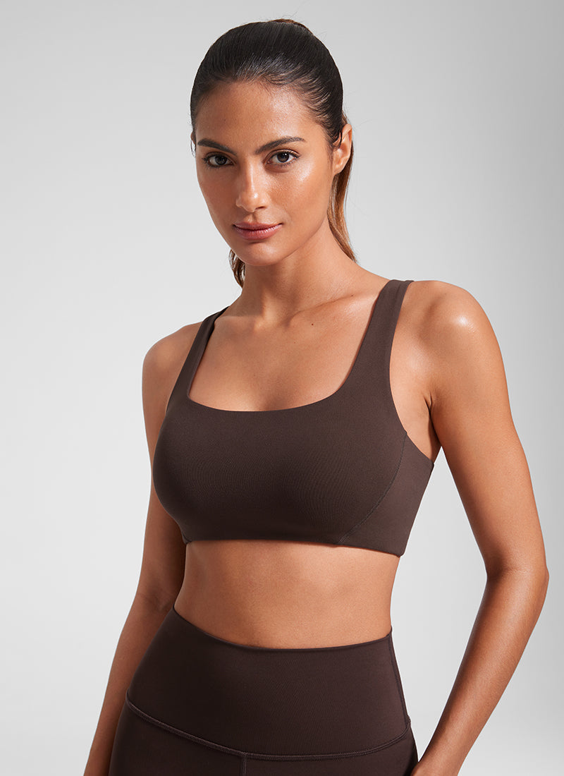 CRZ YOGA Wanita Butterlift Bra Sukan Yoga Leher Segi Empat Berlapis Dua Coklat Fudge Panas
