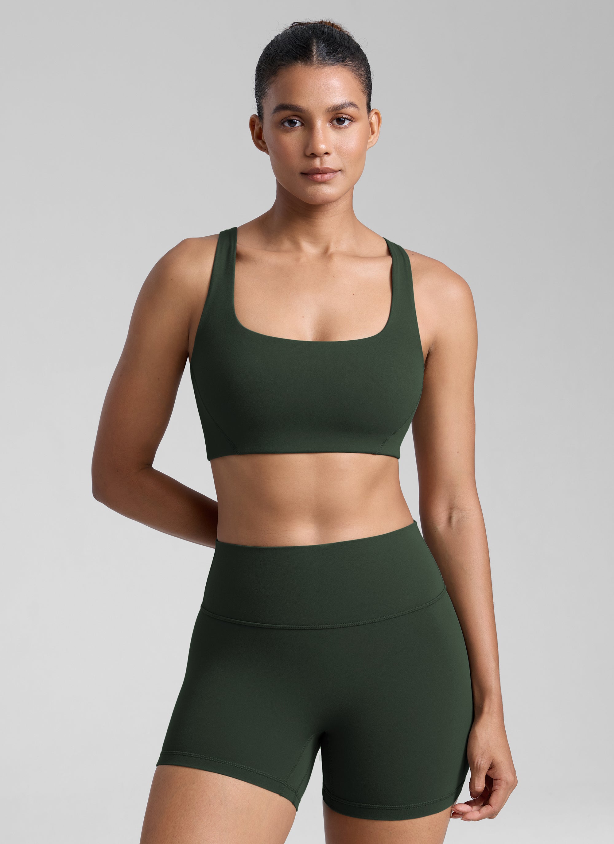 CRZ YOGA Wanita Butterlift Bra Sukan Yoga Leher Segi Empat Berlapis Dua Warna Hijau Legend