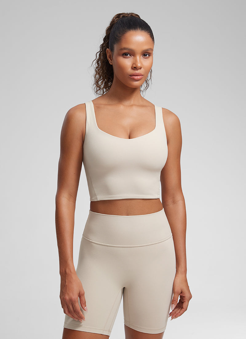 Cawan Acuan Yoga Wanita CRZ YOGA Butterluxe Bra Panjang Leher V Warna Coklat Mojave