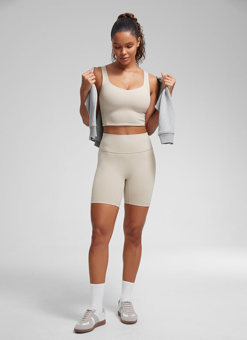 Cawan Acuan Yoga Wanita CRZ YOGA Butterluxe Bra Panjang Leher V Warna Coklat Mojave