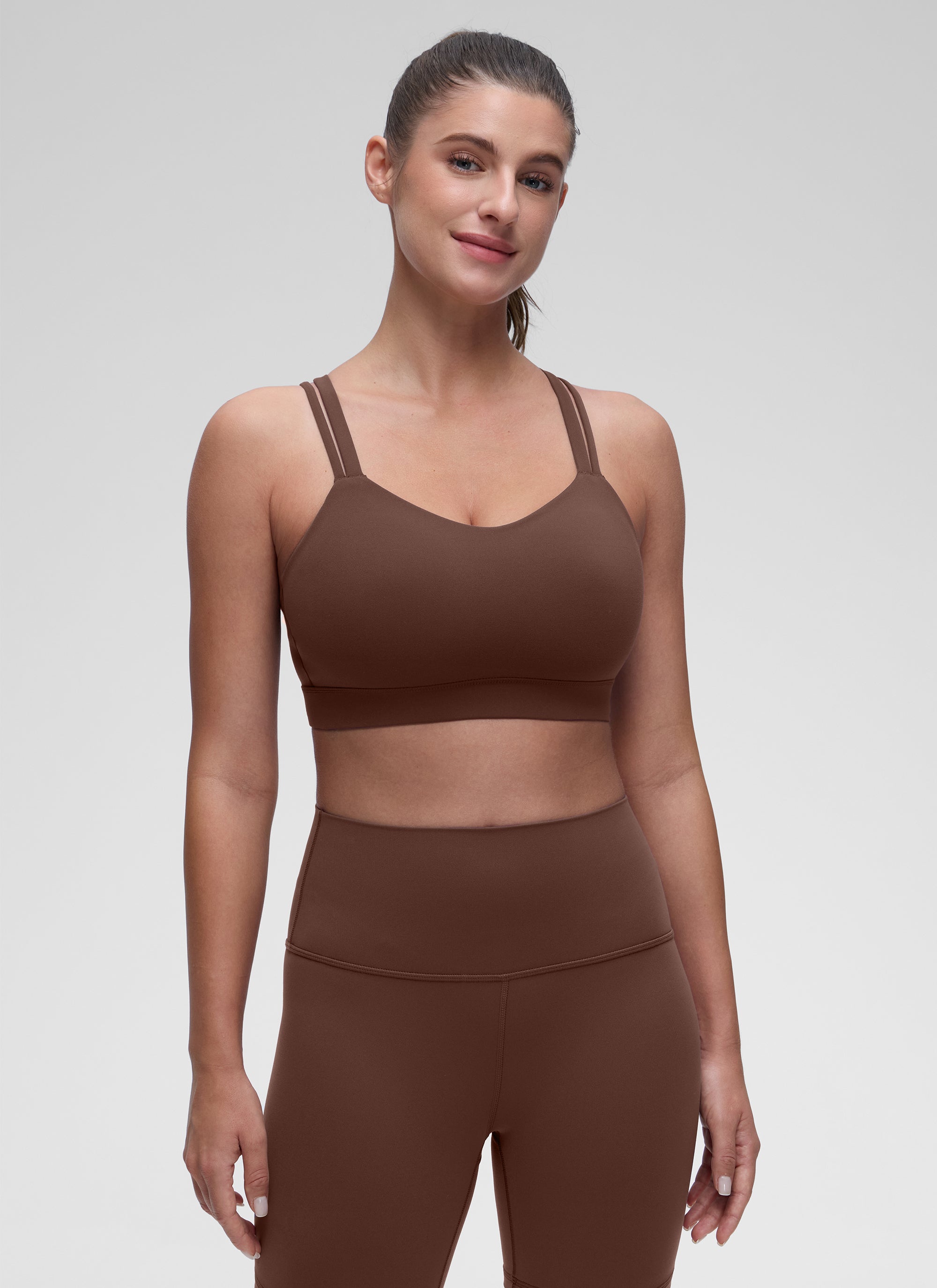 Bra Sukan Acuan Tali Berganda Sokongan Ringan Wanita CRZ YOGA Coklat Kopi
