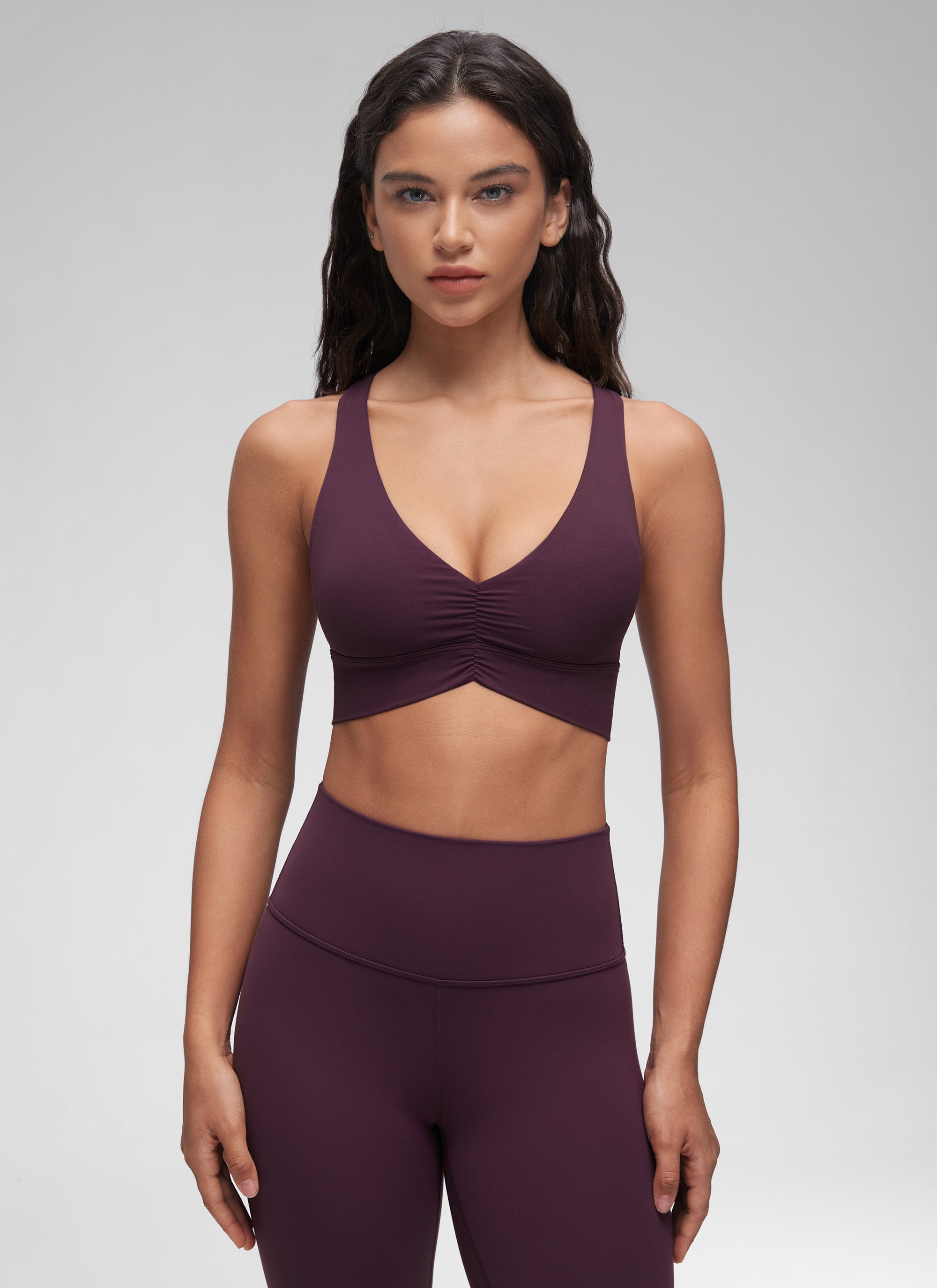 Sokongan Ringan Wanita CRZ YOGA Butterluxe Bra Yoga Berlubang Leher V Ungu Tua