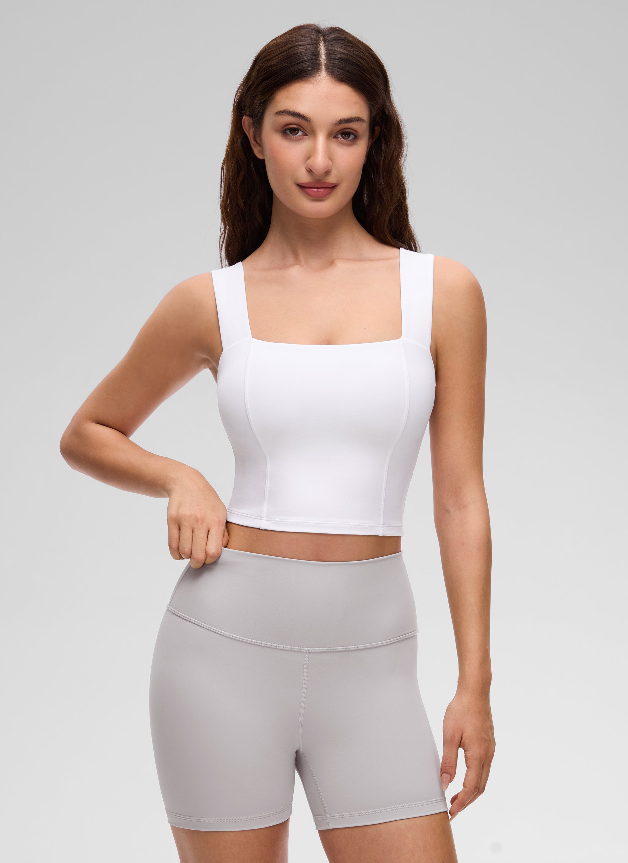 CRZ YOGA Wanita Butterluxe Bra Tank Terbina dalam Crop Leher Segi Empat Putih