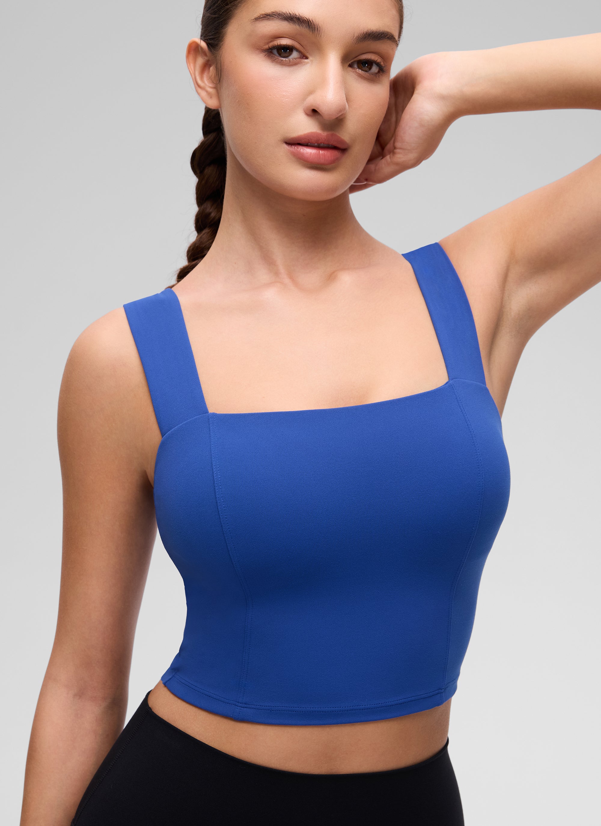 CRZ YOGA Wanita Butterluxe Bra Tank Crop Leher Segi Empat Terbina Dalam Biru Ombak