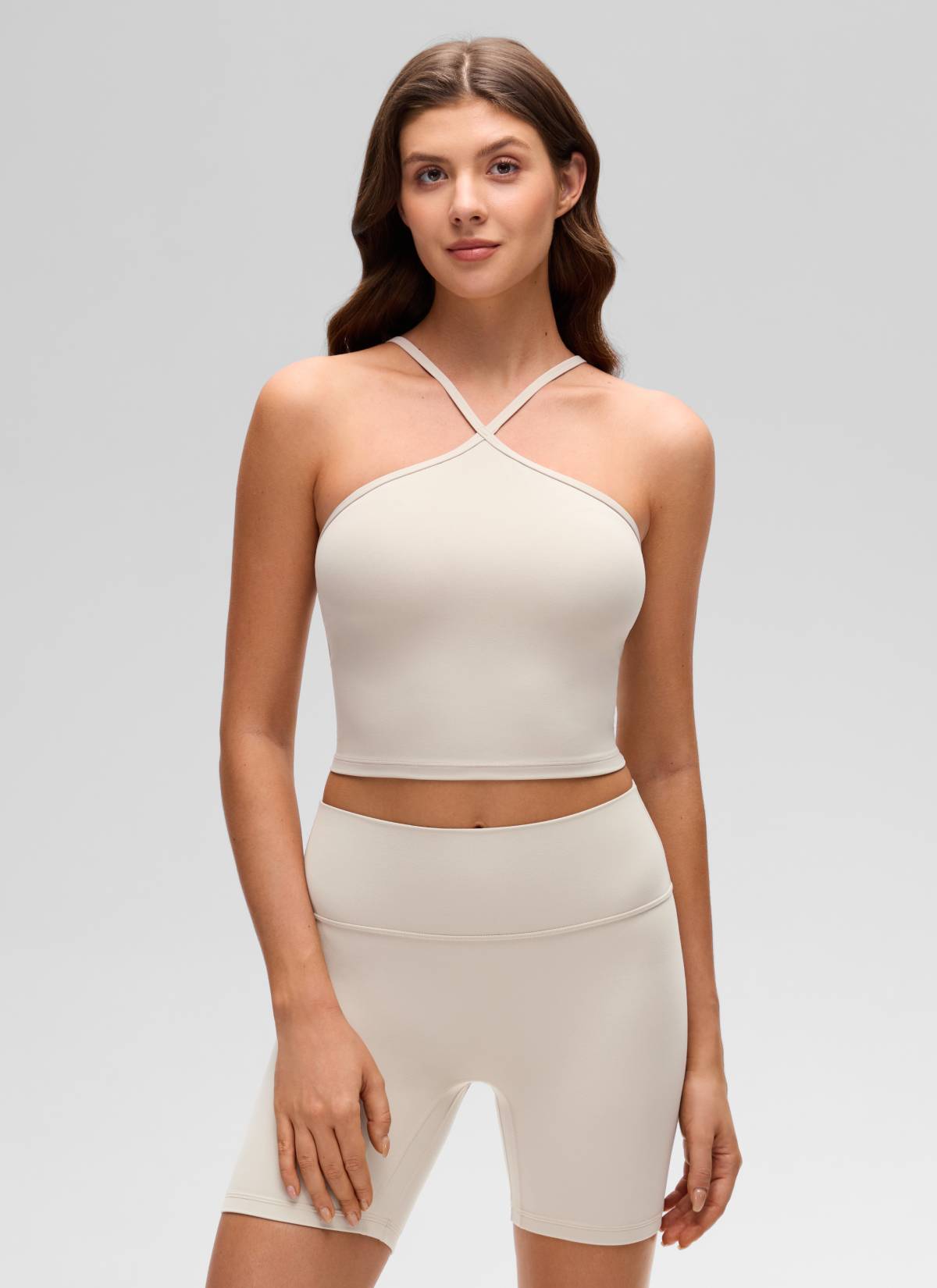CRZ YOGA Wanita Butterluxe Yoga Cross Halter Crop Terbina Dalam Bra Tank Mojave Tan