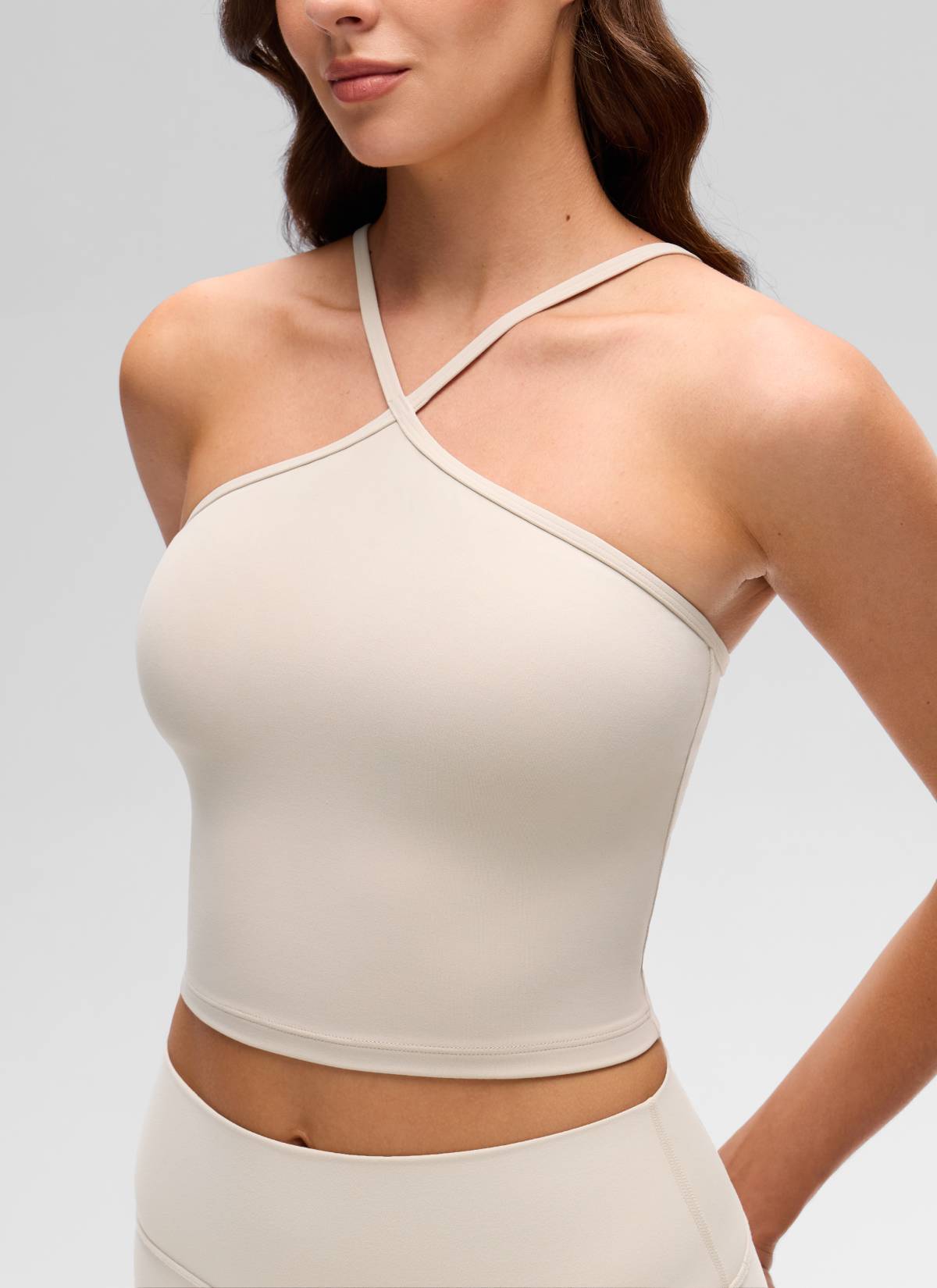 CRZ YOGA Wanita Butterluxe Yoga Cross Halter Crop Terbina Dalam Bra Tank Mojave Tan