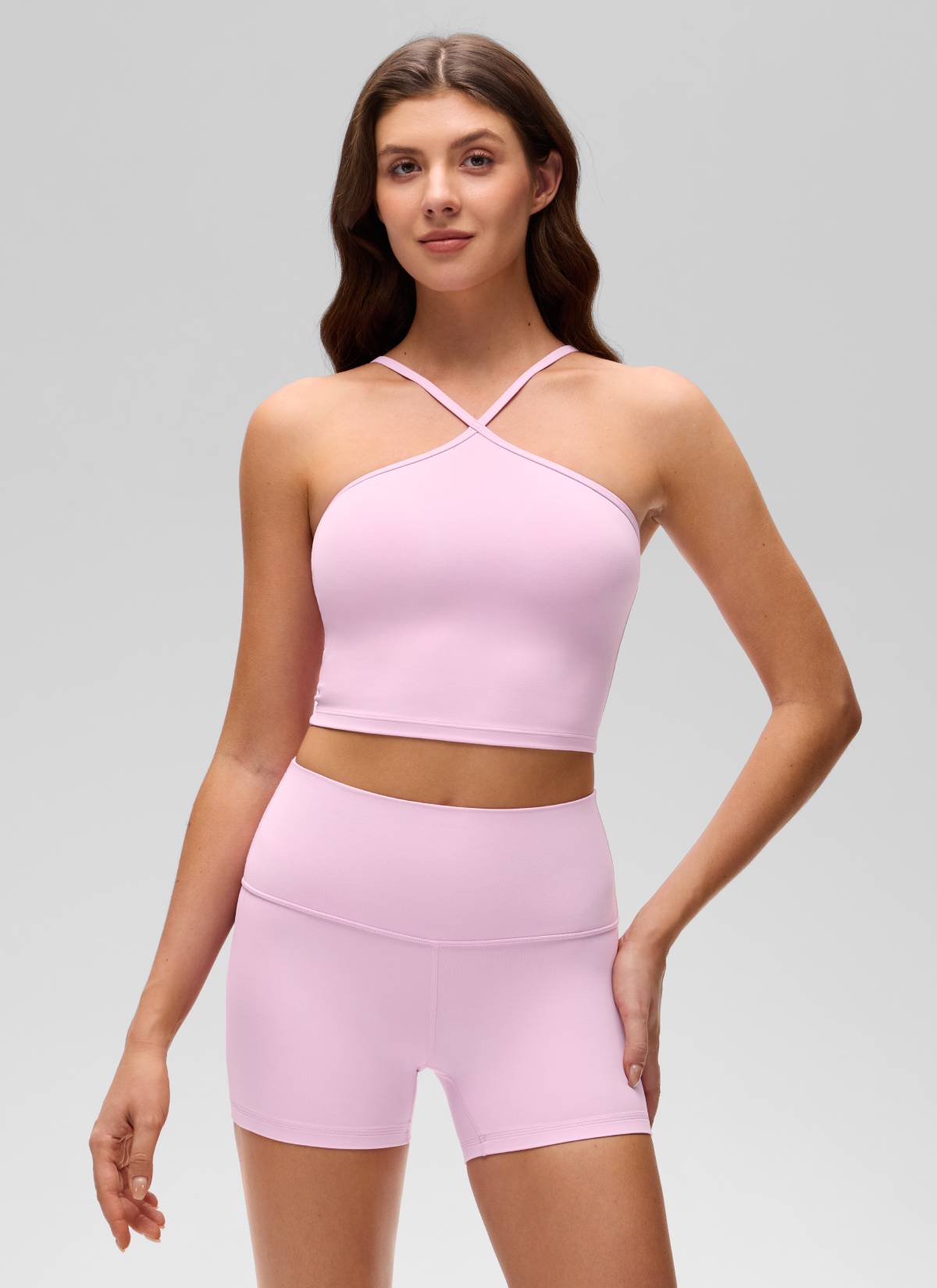 CRZ YOGA Wanita Butterluxe Bra Tank Yoga Cross Halter Crop Terbina Dalam Vita Pink