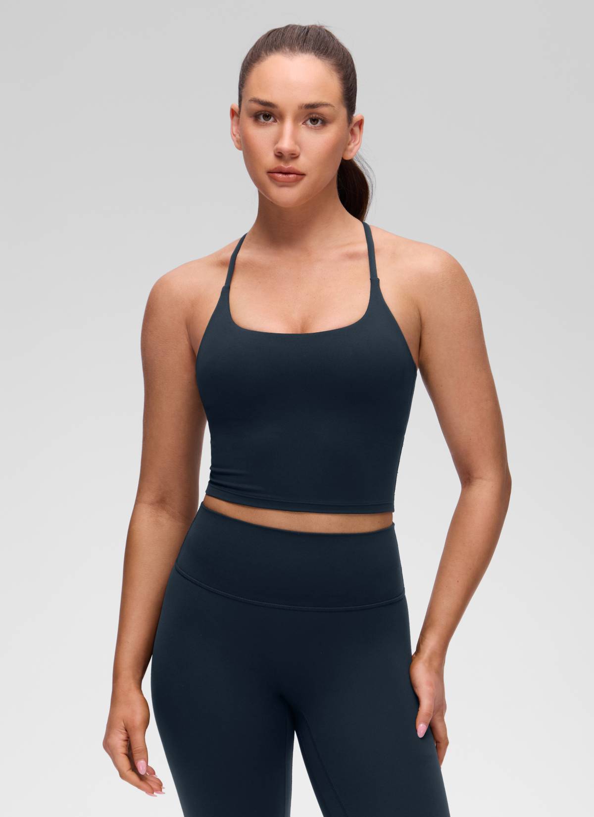 CRZ YOGA Wanita Butterluxe Bra Terbina Dalam Berpintal Leher U Silang Belakang Tank True Navy