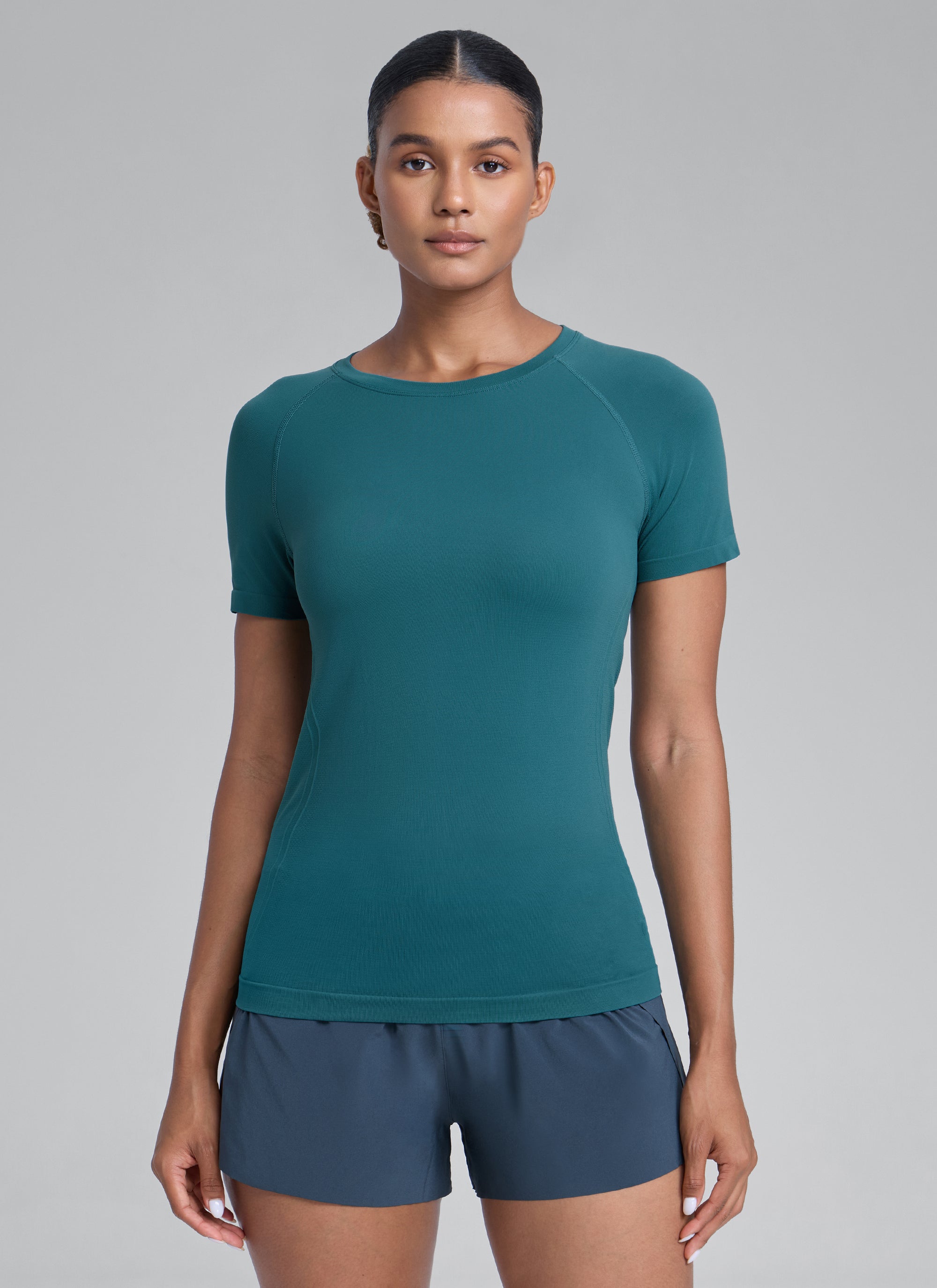 CRZ YOGA Women's Running Classic Fit Shirts Seamless Short Sleeves Green Jade