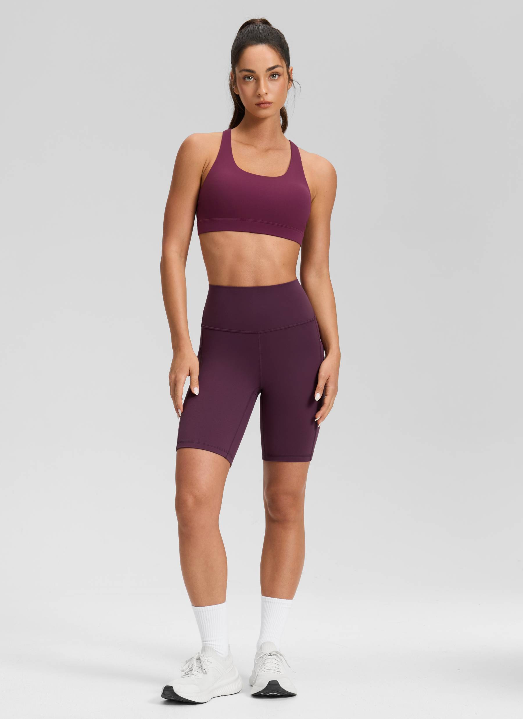 CRZ YOGA Yoga Wanita Bertingkat Tinggi Biker Butterluxe Seluar Pendek Poket 8'' Ungu Tua