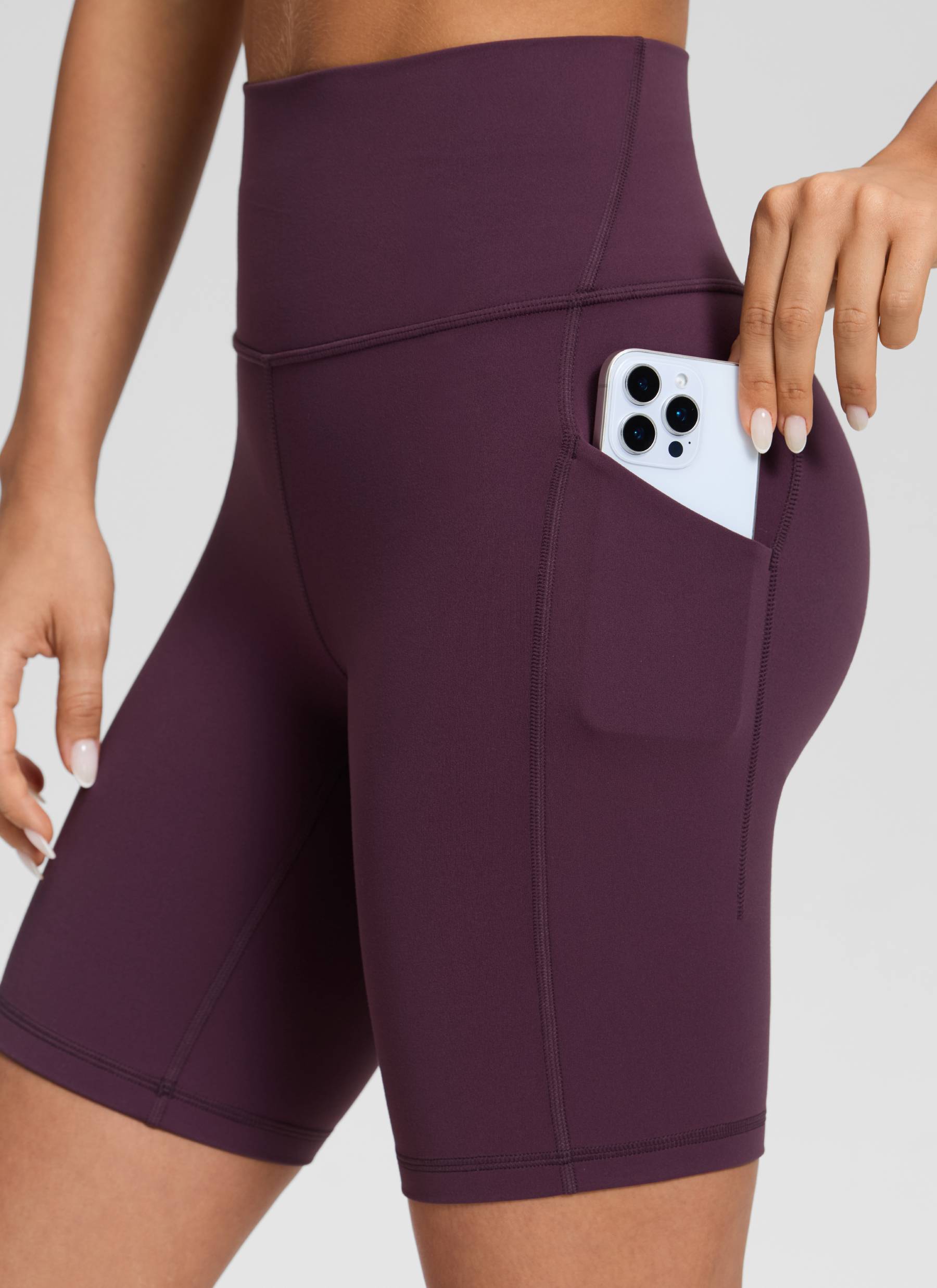 CRZ YOGA Yoga Wanita Bertingkat Tinggi Biker Butterluxe Seluar Pendek Poket 8'' Ungu Tua
