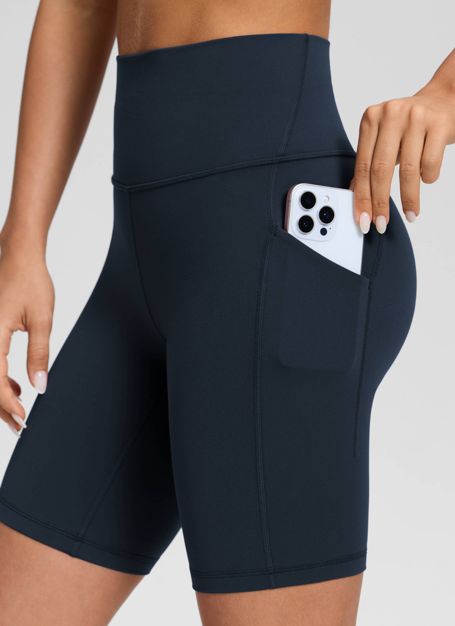 CRZ YOGA Yoga Wanita Bertingkat Tinggi Biker Butterluxe Seluar Pendek Poket 8'' Biru Laut Sejati