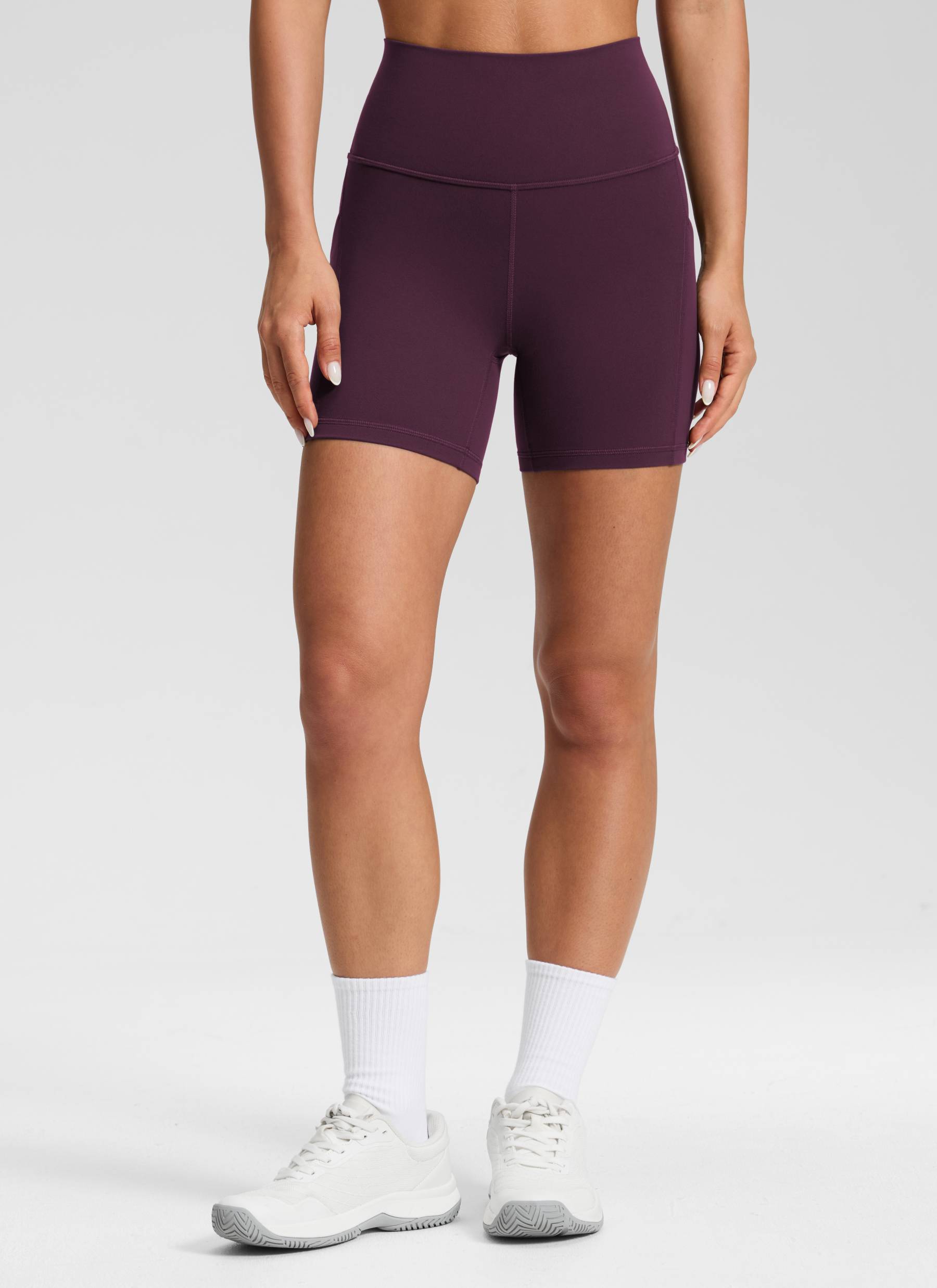 CRZ YOGA Women's Yoga High Rise Biker Butterluxe Pockets Shorts 5'' Deep Purple