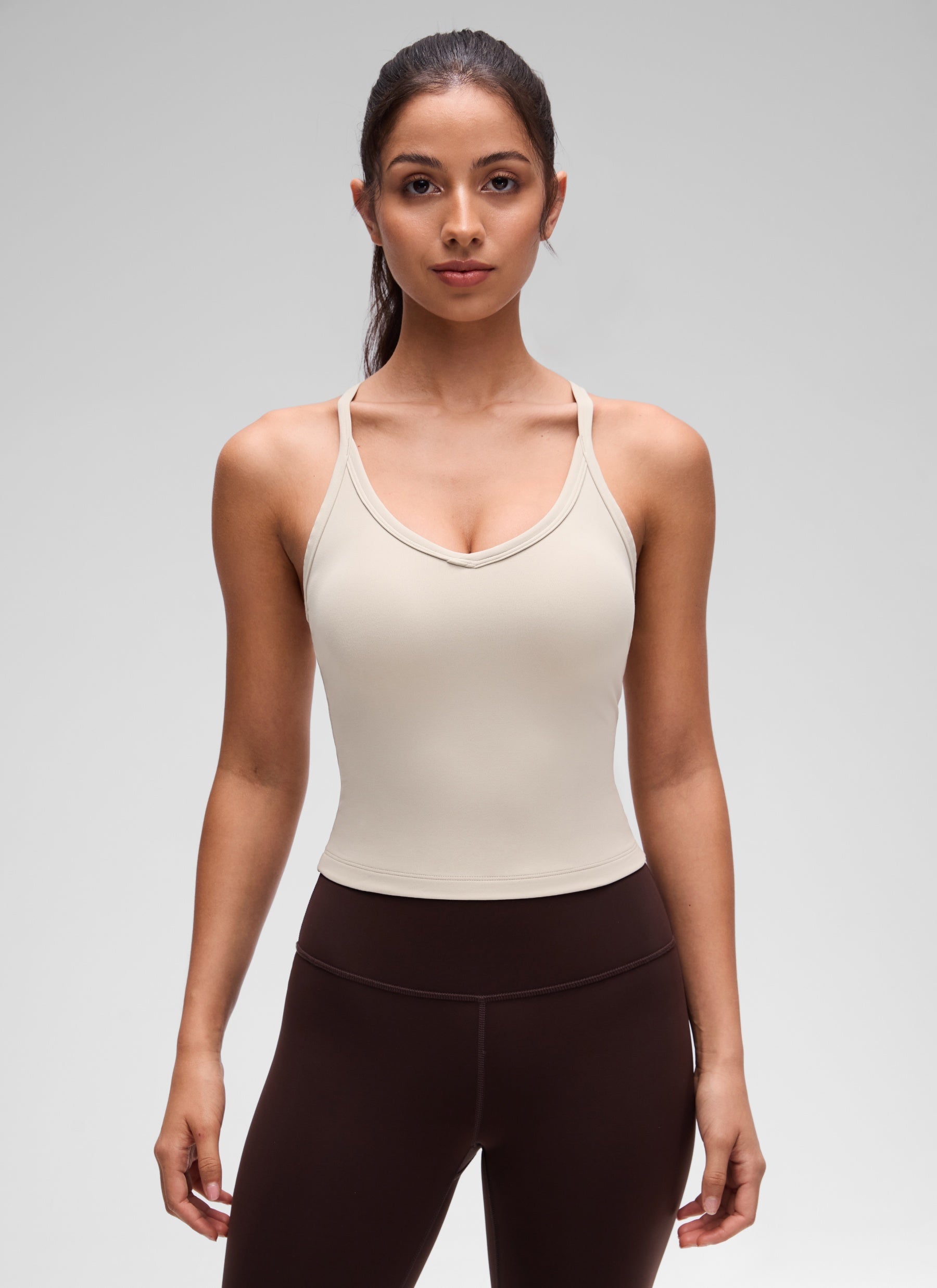 CRZ YOGA Wanita Butterluxe Tank Racerback Leher V Berlapis Dua Lembut Warna Coklat Mojave