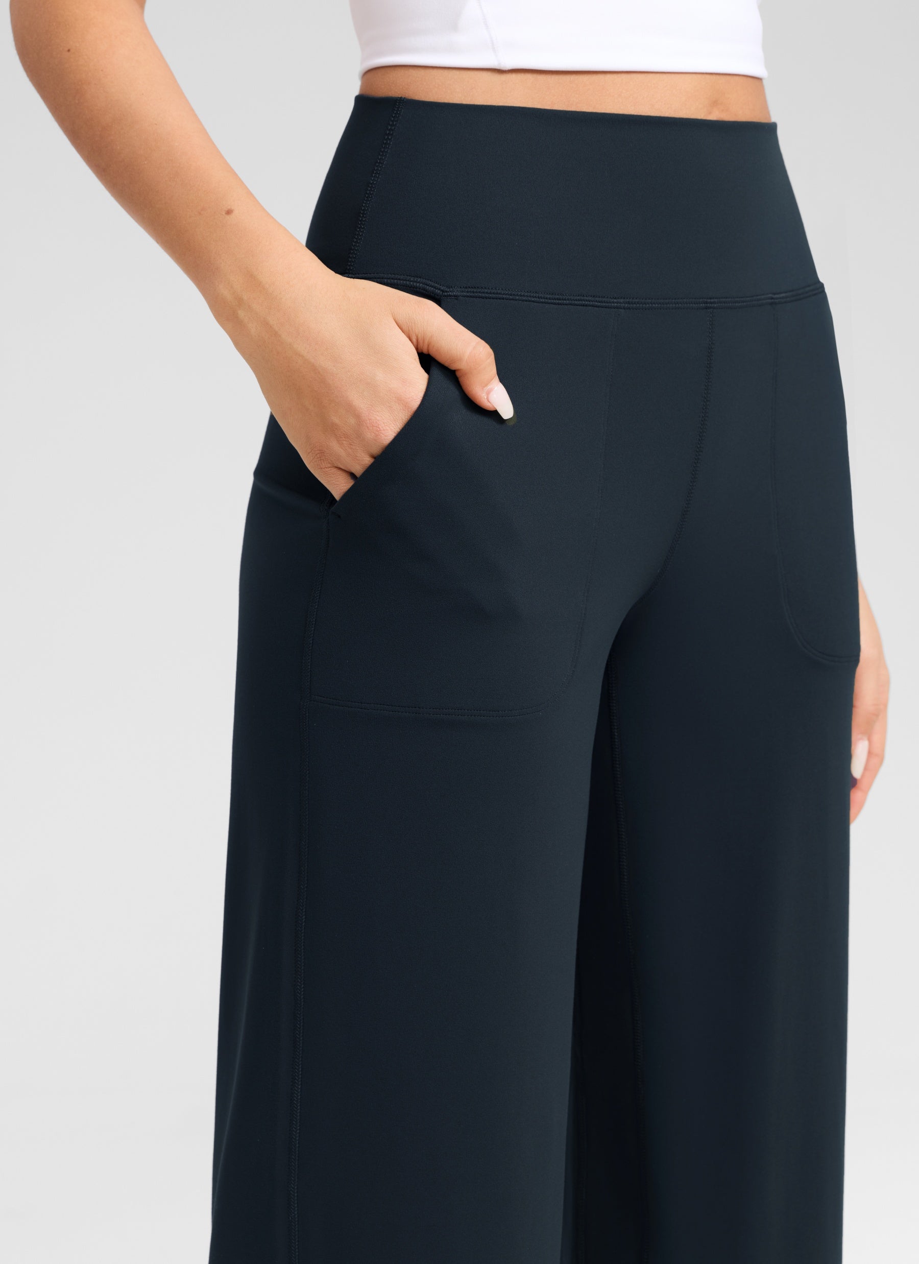 CRZ YOGA Wanita Butterlift Seluar Kaki Lebar Pinggang Tinggi dengan Poket Warna Biru Laut Sejati