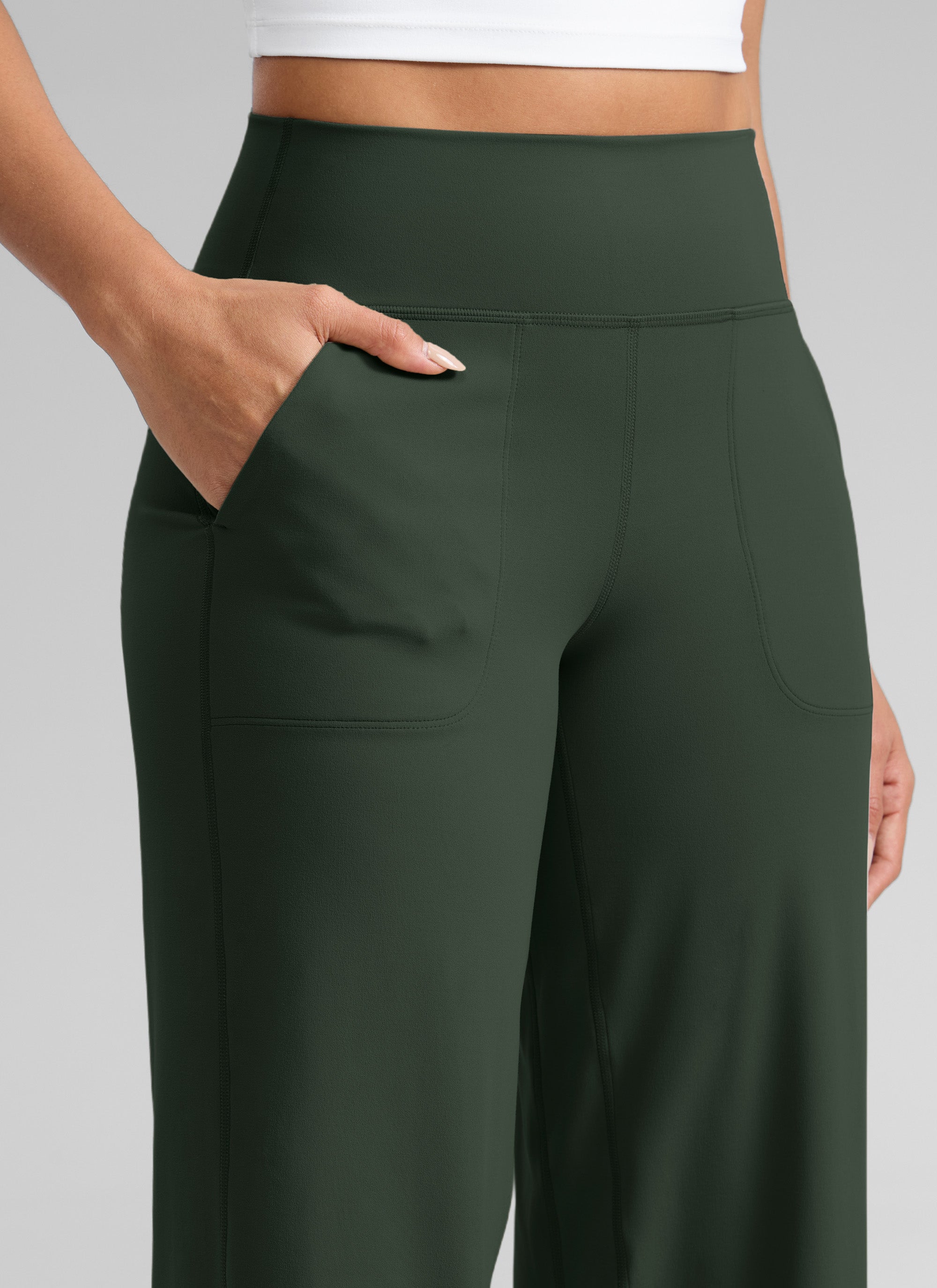 CRZ YOGA Wanita Butterlift Seluar Kaki Lebar Pinggang Tinggi dengan Poket Hijau Legenda
