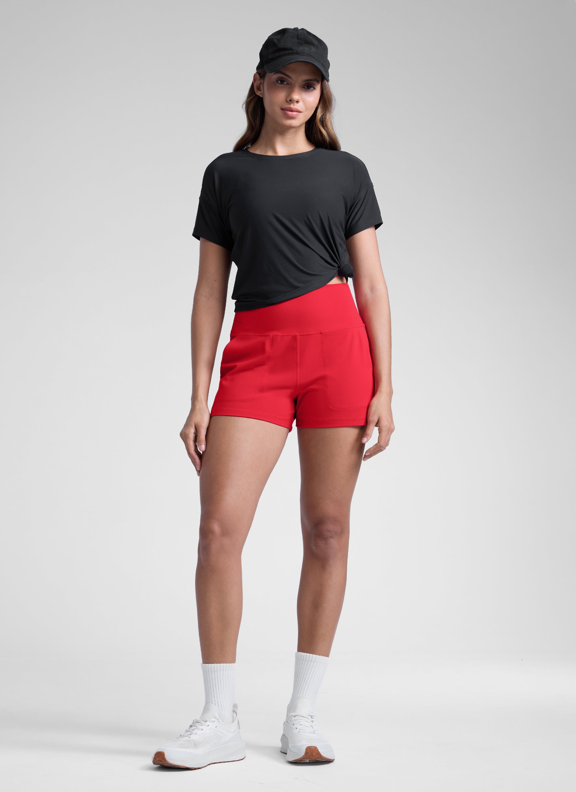 CRZ YOGA Wanita Butterlift Seluar Pendek Berpinggang Tinggi dengan Poket Tanpa Liner Merah Aurora
