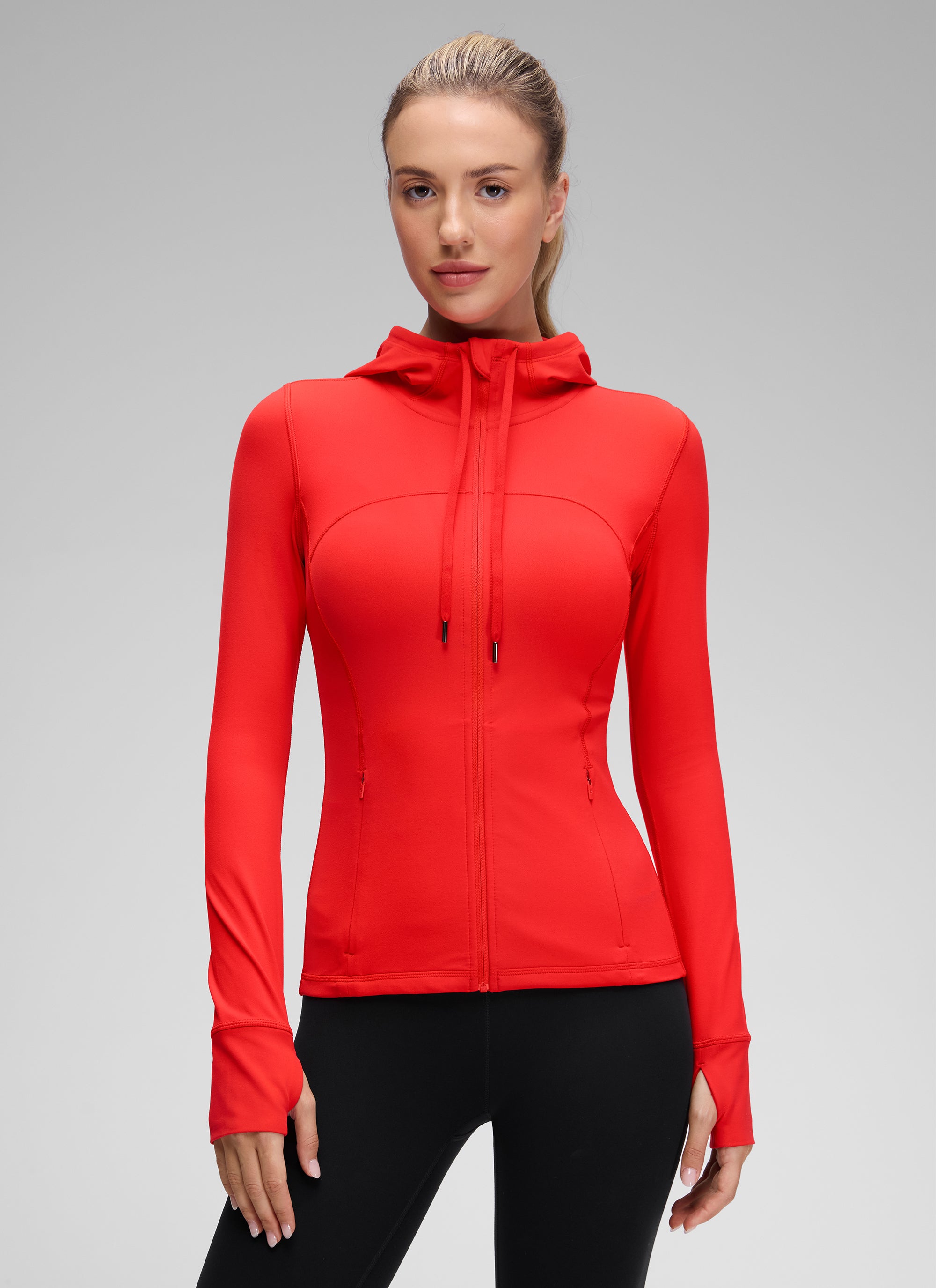 CRZ YOGA Wanita Butterluxe Hoodie Berzip Penuh Pakaian Luar Berpoket Slim Fit Merah Tua