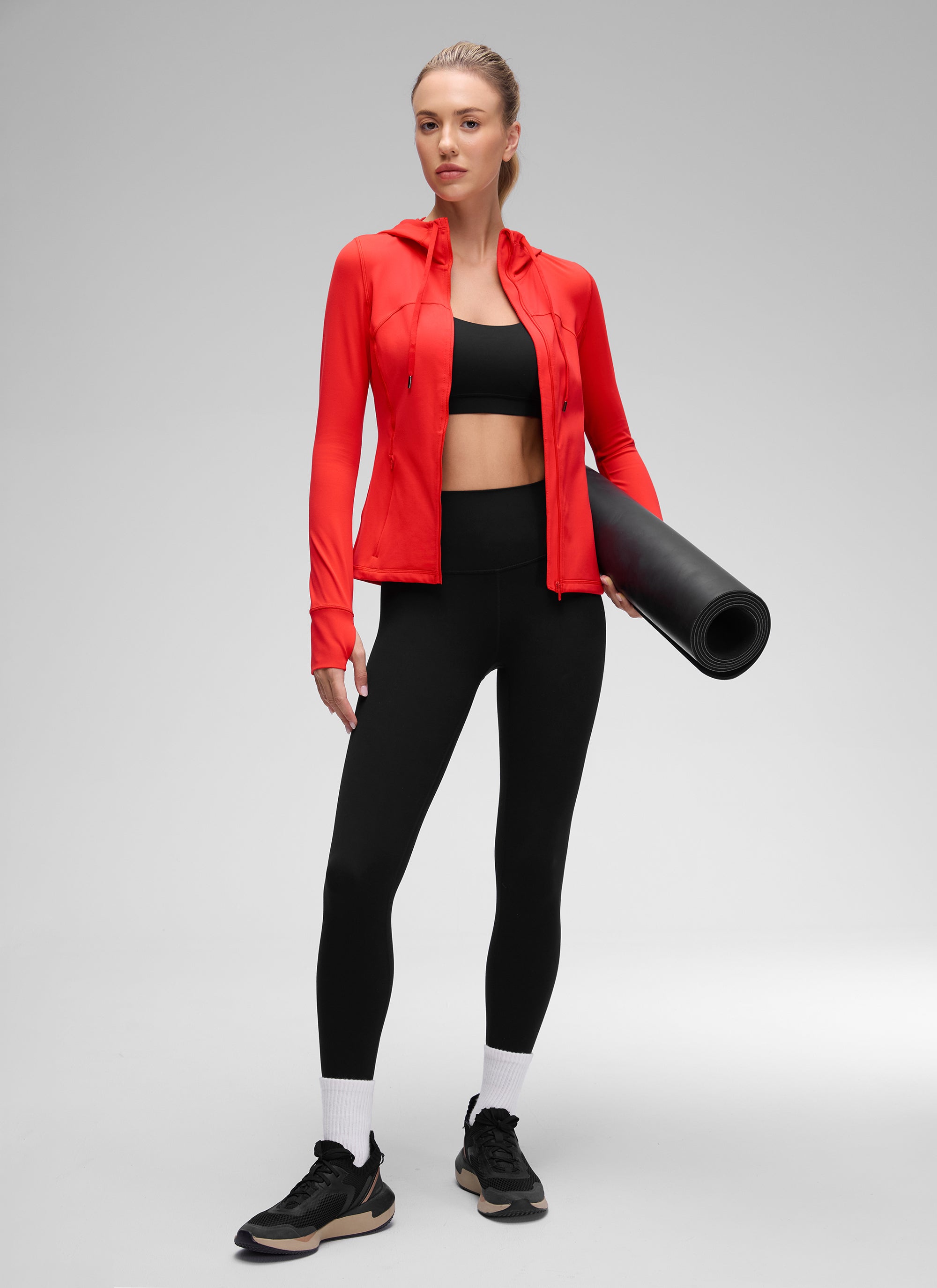 CRZ YOGA Wanita Butterluxe Hoodie Berzip Penuh Pakaian Luar Berpoket Slim Fit Merah Tua