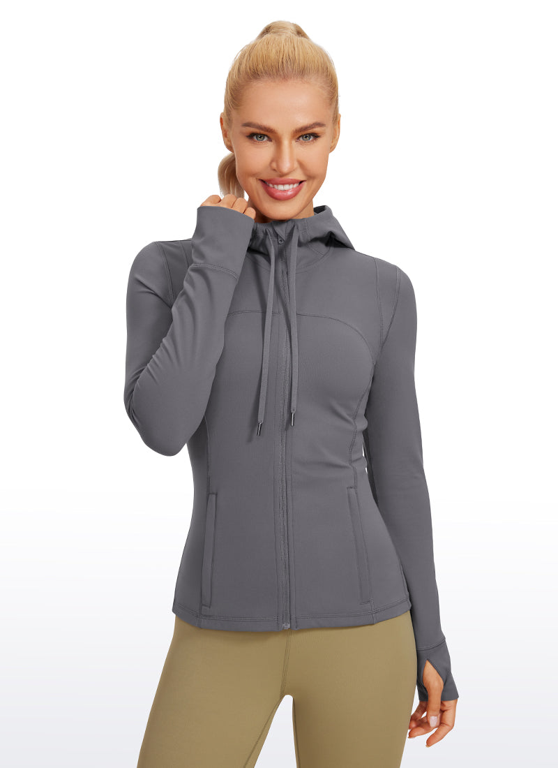 CRZ YOGA Wanita Butterluxe Pakaian Luar Poket Slim Fit Zip Penuh Hoodies Karbon Gelap