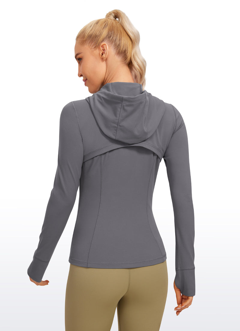 CRZ YOGA Wanita Butterluxe Pakaian Luar Poket Slim Fit Zip Penuh Hoodies Karbon Gelap