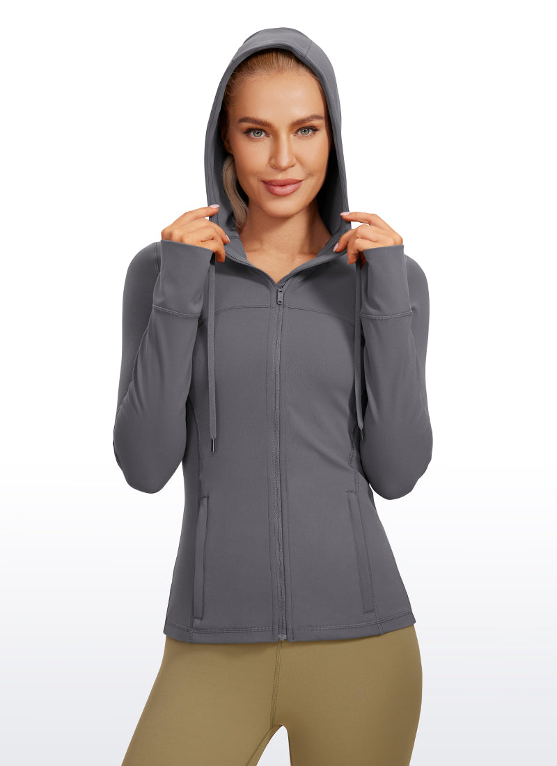 CRZ YOGA Wanita Butterluxe Pakaian Luar Poket Slim Fit Zip Penuh Hoodies Karbon Gelap