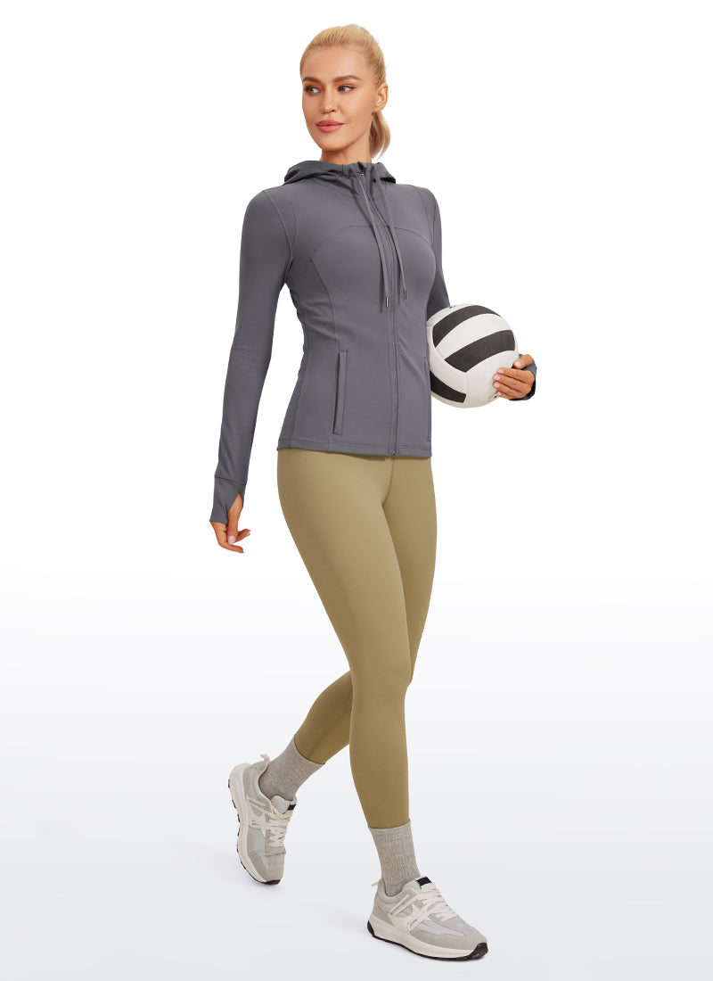 CRZ YOGA Wanita Butterluxe Pakaian Luar Poket Slim Fit Zip Penuh Hoodies Karbon Gelap