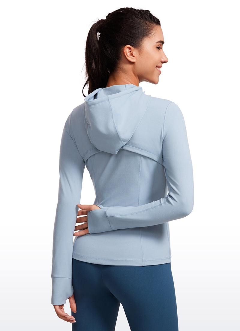 CRZ YOGA Wanita Butterluxe Pakaian Luar Poket Slim Fit Berzip Penuh Hoodies Biru Kambrik