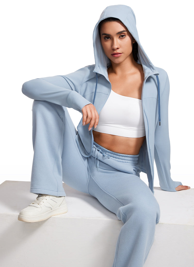 CRZ YOGA Wanita Butterluxe Pakaian Luar Poket Slim Fit Berzip Penuh Hoodies Biru Kambrik