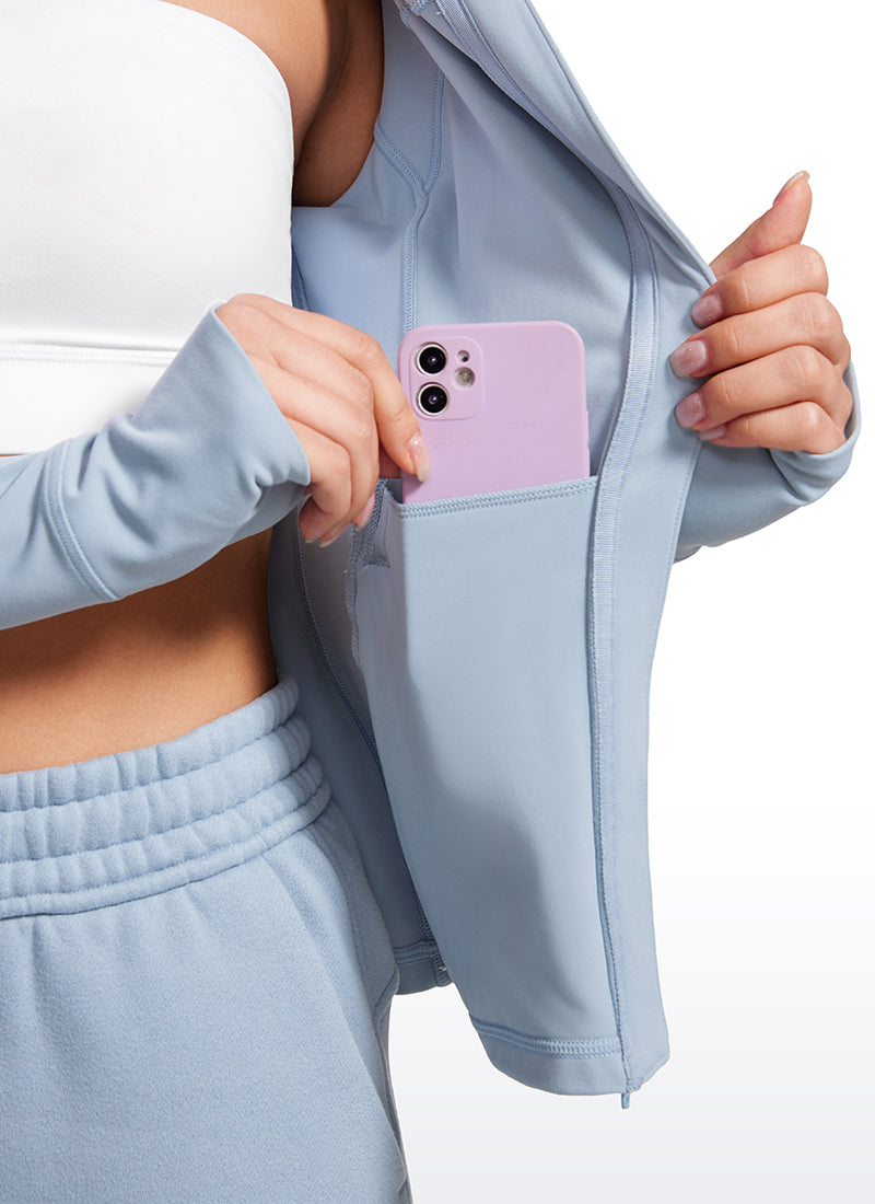 CRZ YOGA Wanita Butterluxe Pakaian Luar Poket Slim Fit Berzip Penuh Hoodies Biru Kambrik
