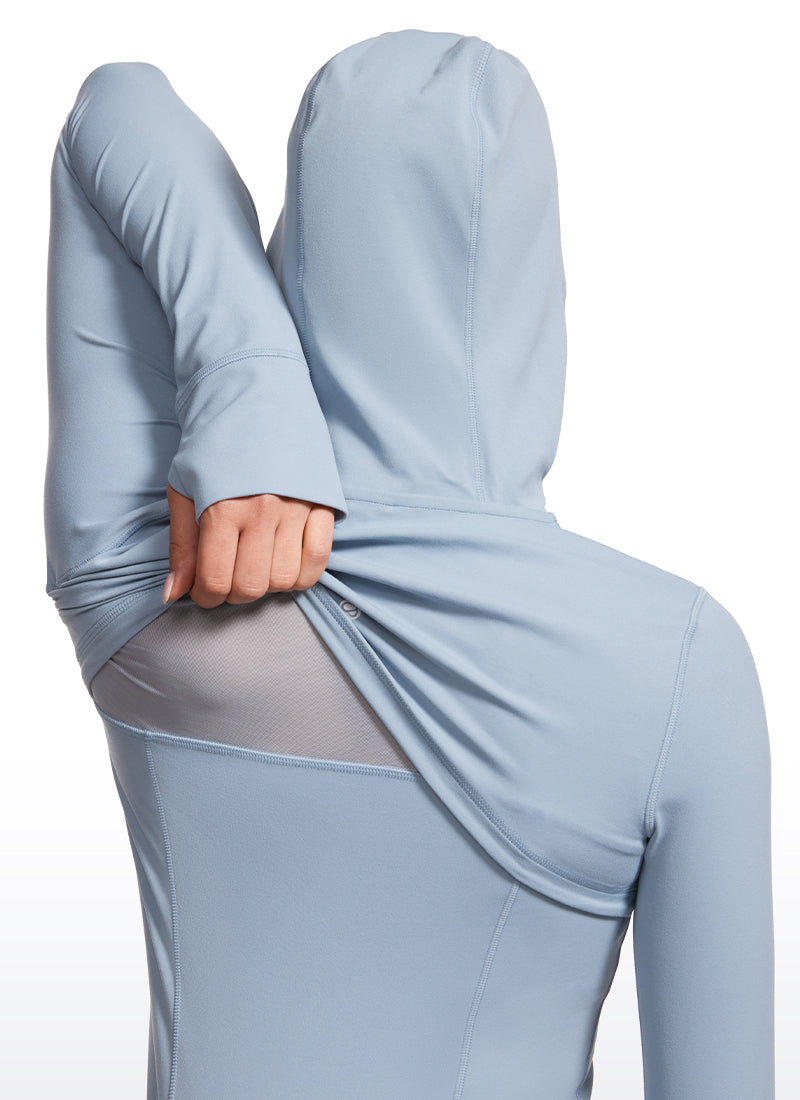CRZ YOGA Wanita Butterluxe Pakaian Luar Poket Slim Fit Berzip Penuh Hoodies Biru Kambrik