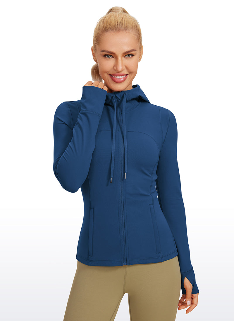 CRZ YOGA Wanita Butterluxe Pakaian Luar Poket Slim Fit Zip Penuh Hoodies Tentera Laut Perancis