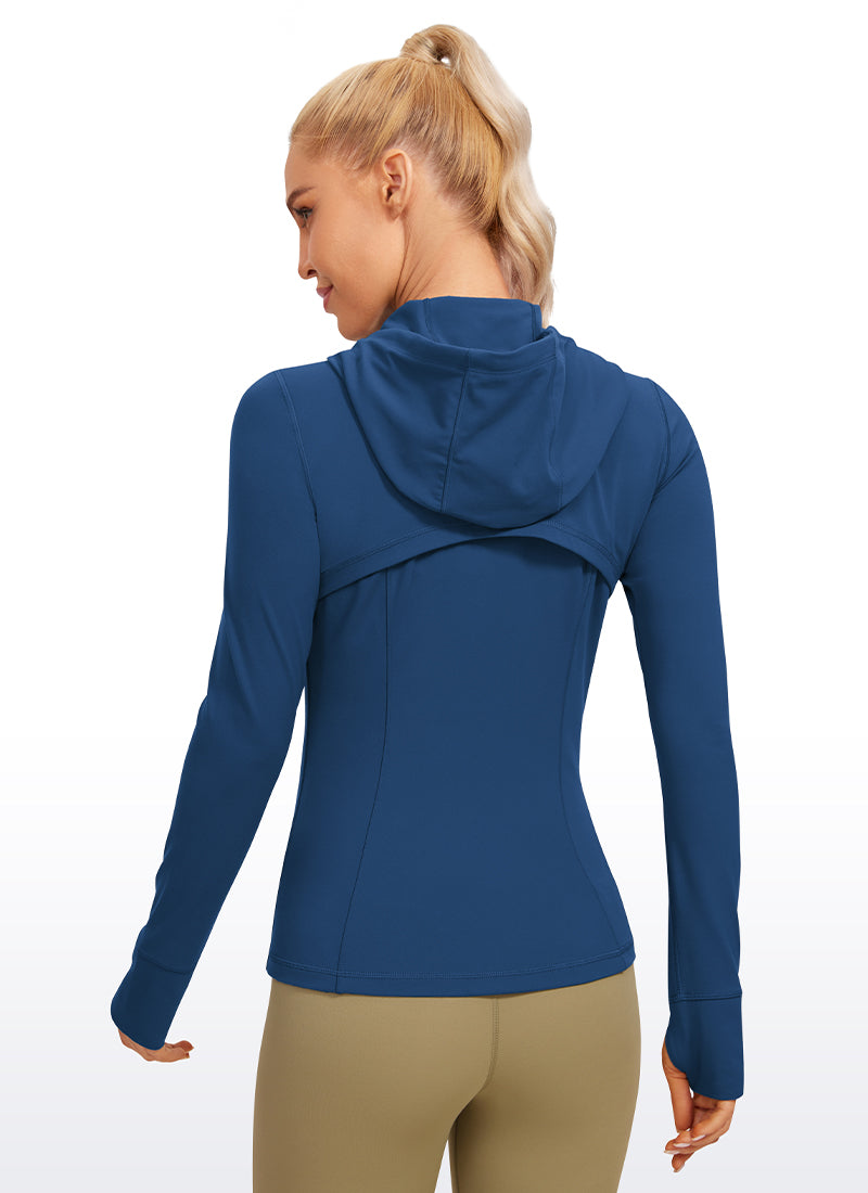 CRZ YOGA Wanita Butterluxe Pakaian Luar Poket Slim Fit Zip Penuh Hoodies Tentera Laut Perancis