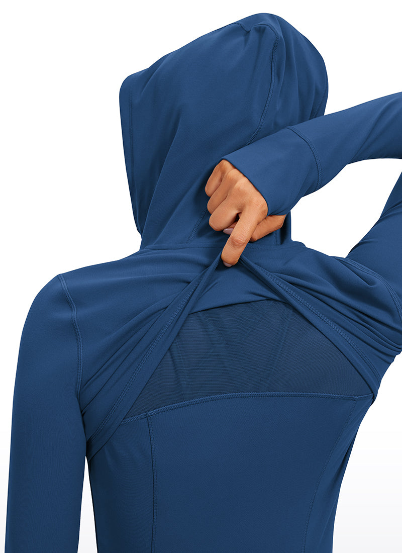 CRZ YOGA Wanita Butterluxe Pakaian Luar Poket Slim Fit Zip Penuh Hoodies Tentera Laut Perancis