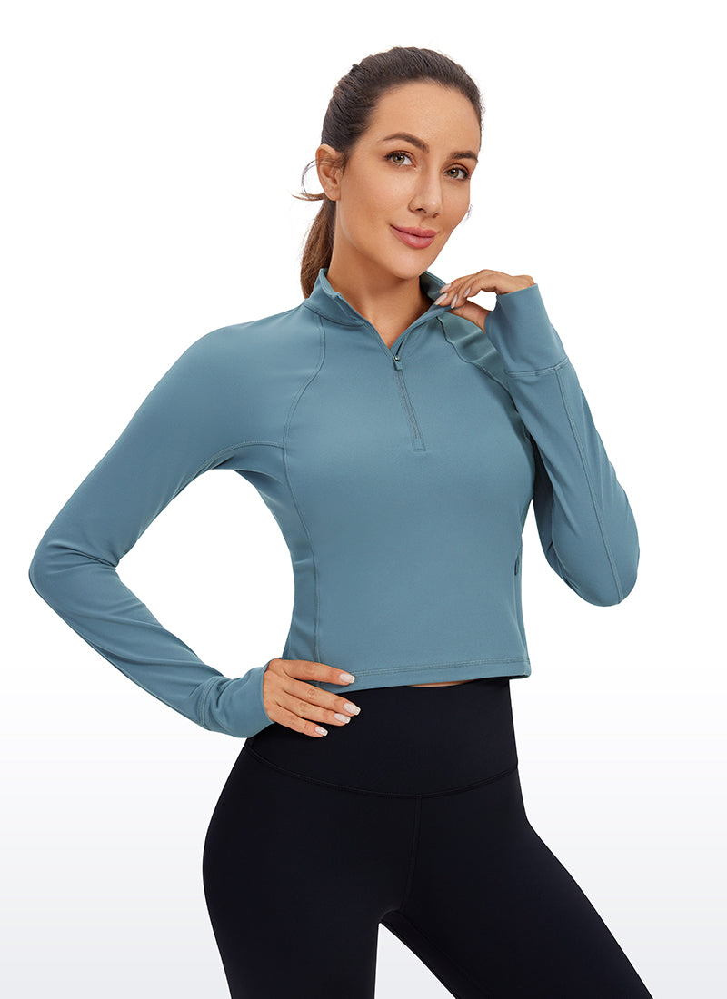 Atasan Yoga Potongan Langsing Wanita CRZ YOGA Lengan Panjang Berzip Separuh Butterluxe Blue Ashes