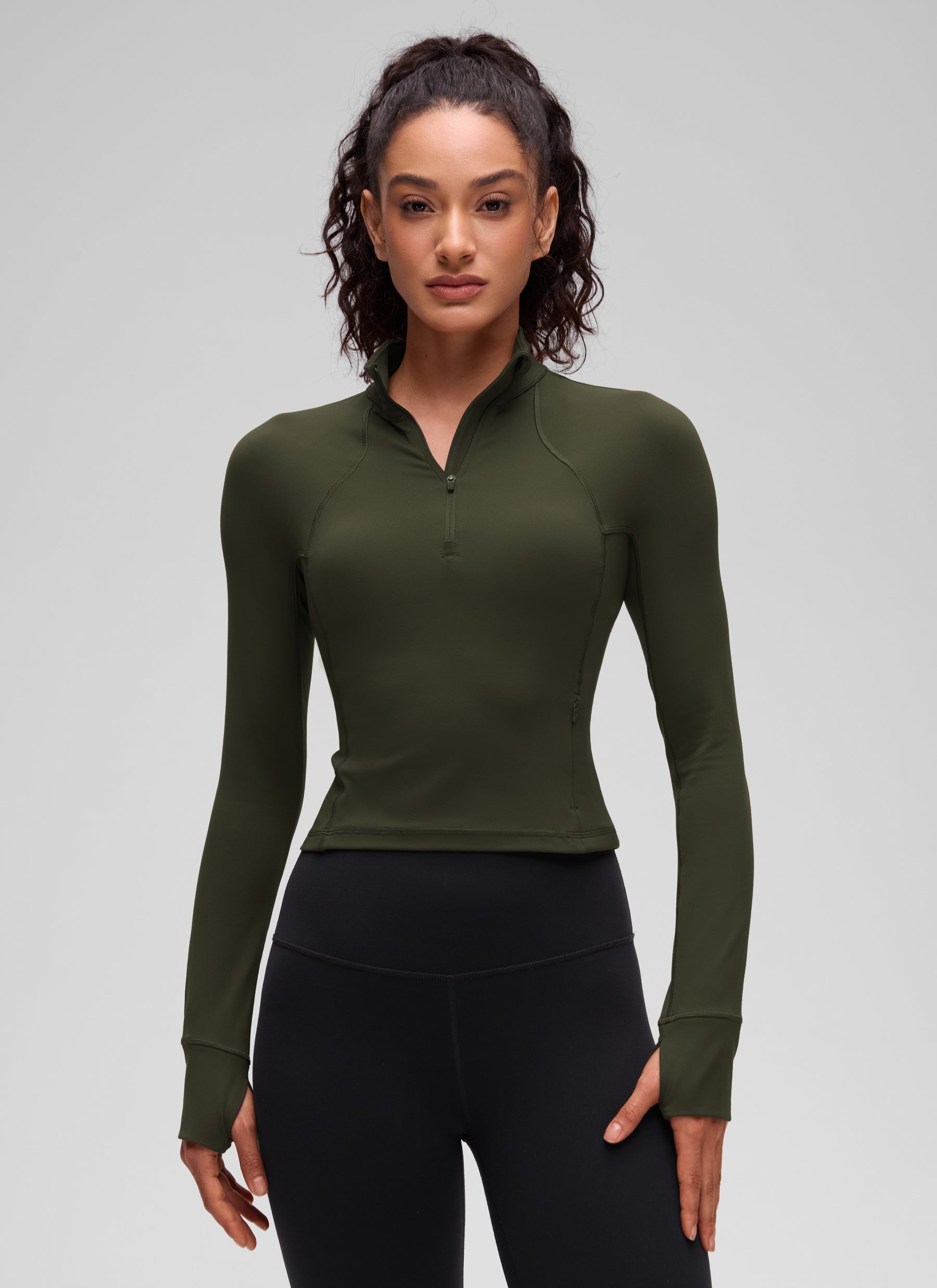Atasan Yoga Potongan Langsing Wanita CRZ YOGA Lengan Panjang Berzip Separuh Butterluxe Olive Green