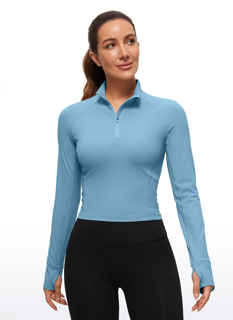 Atasan Yoga Potongan Langsing Wanita CRZ YOGA Lengan Panjang Berzip Separuh Butterluxe Pure Blue
