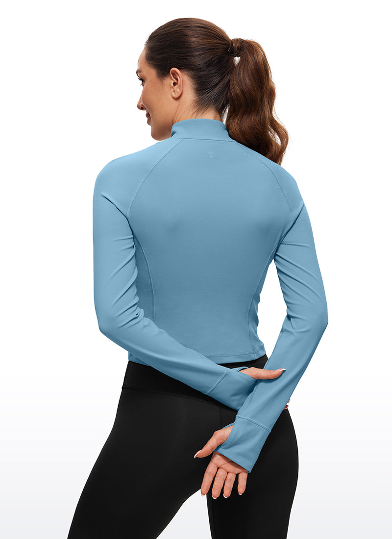 Atasan Yoga Potongan Langsing Wanita CRZ YOGA Lengan Panjang Berzip Separuh Butterluxe Pure Blue